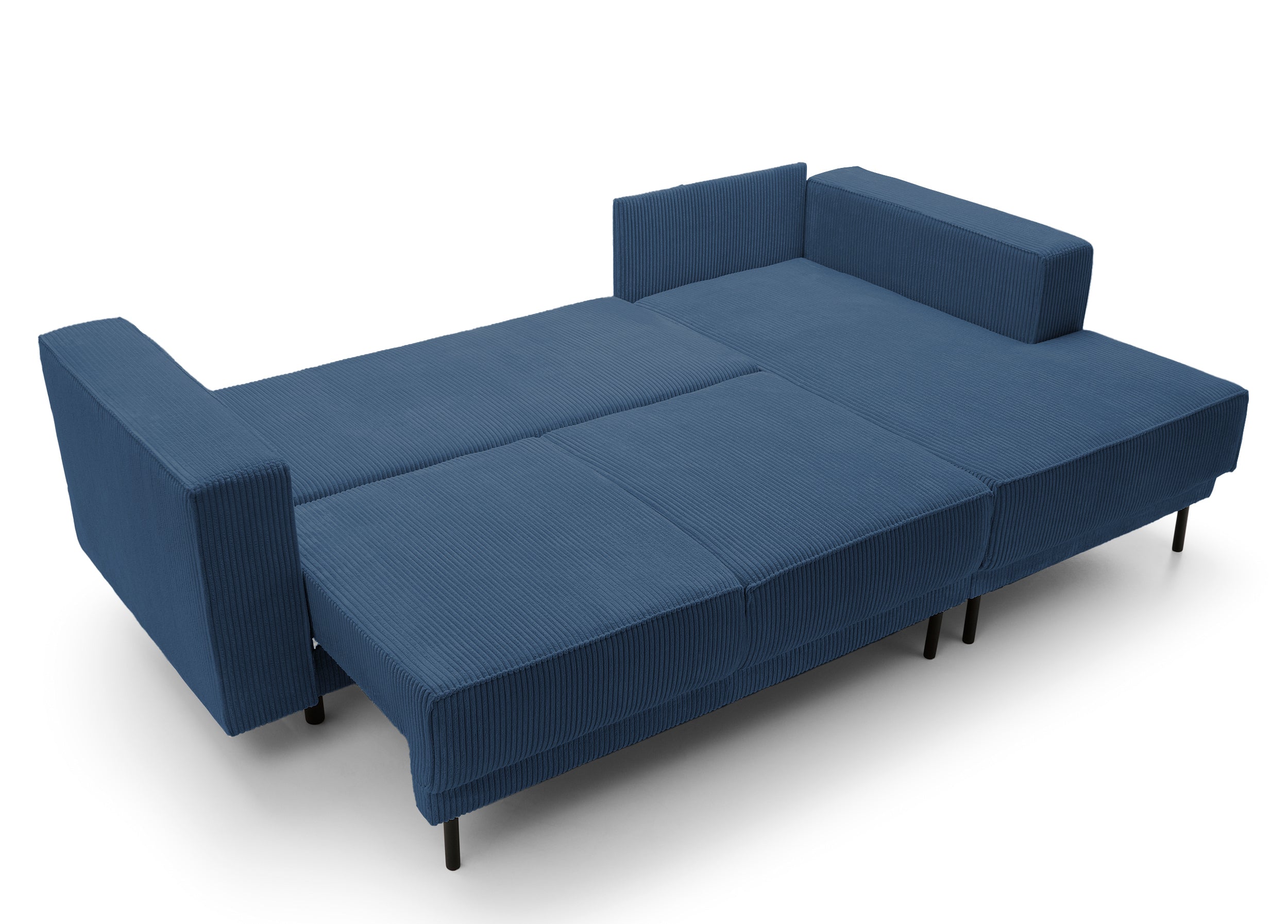 Ecksofa mit Schlaffunktion Rodario Mini, L-förmig, mit Stauraum, dunkelblauer Cord, rechtsseitig