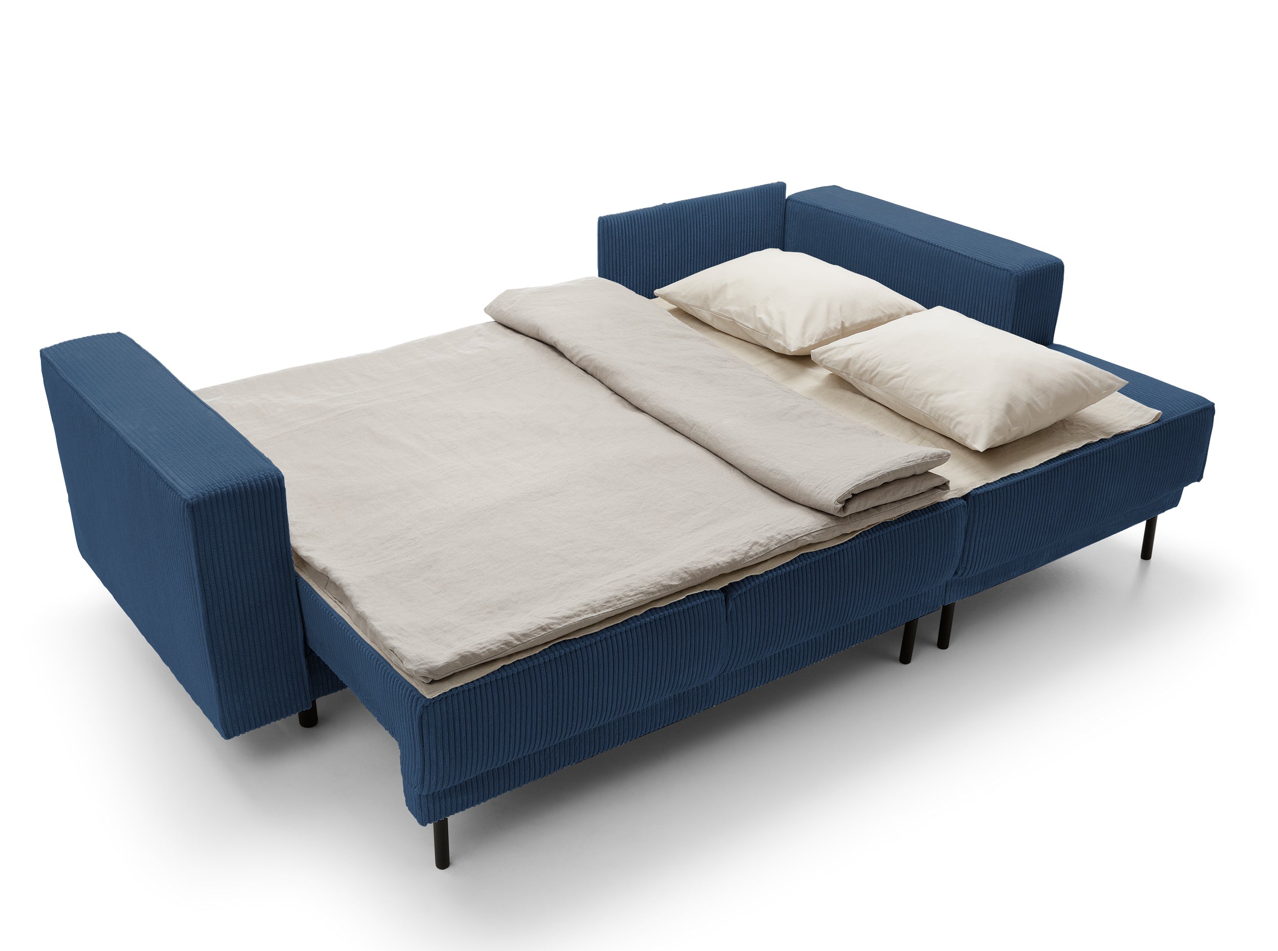 Ecksofa mit Schlaffunktion Rodario Mini, L-förmig, mit Stauraum, dunkelblauer Cord, rechtsseitig