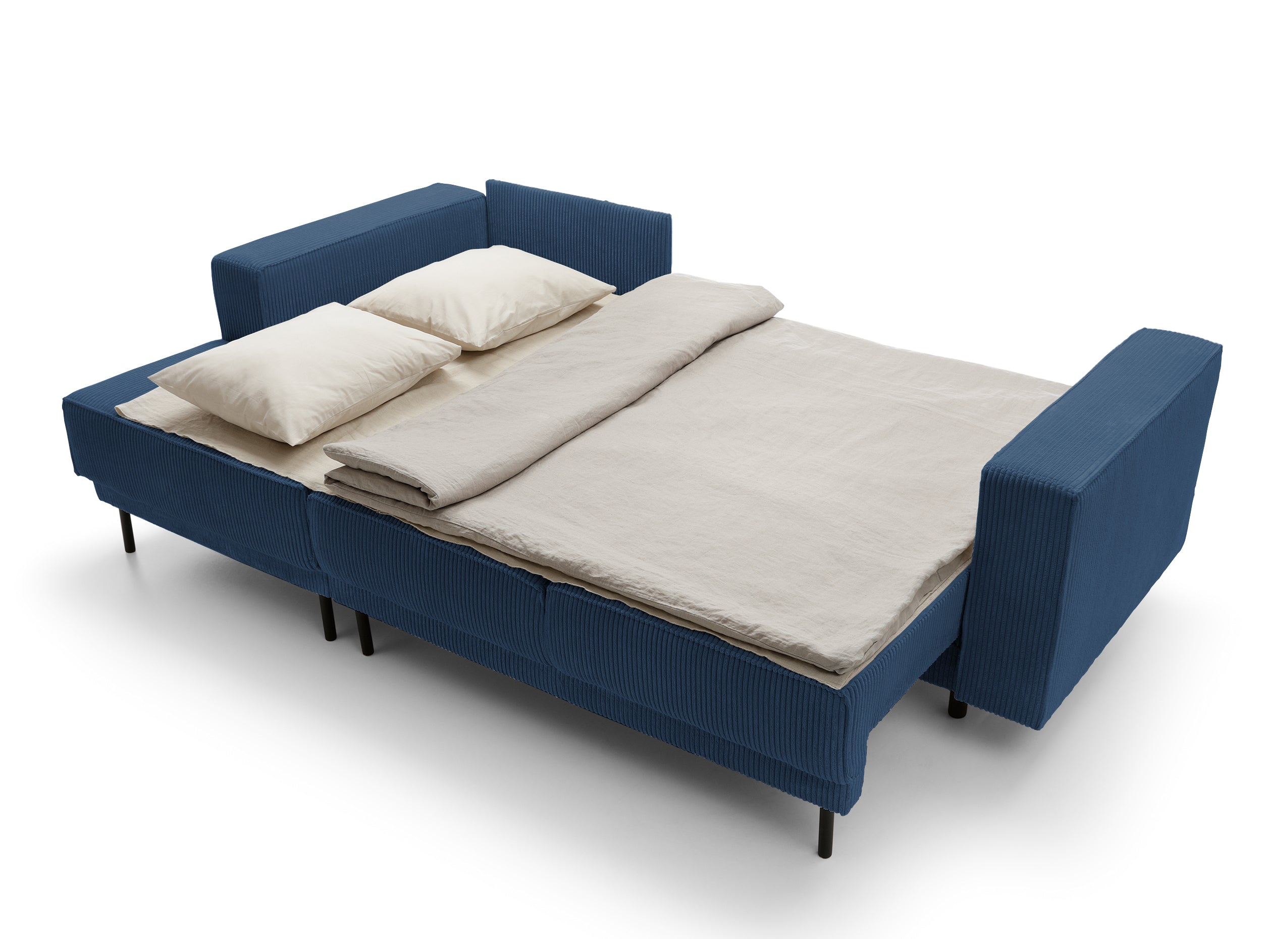 Ecksofa mit Schlaffunktion Rodario mini L-förmig mit Stauraum, dunkelblauer Cord, linksseitig