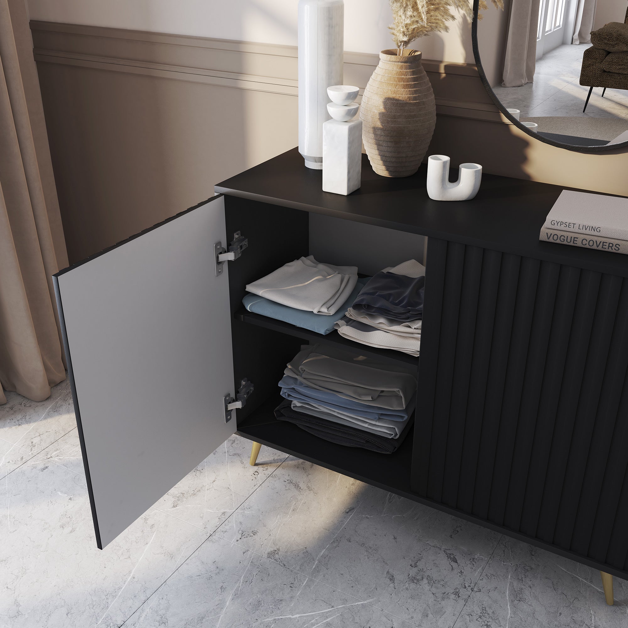 Kommode Bello mit Lamellenfronten 104 cm schwarz mit goldenen Beinen