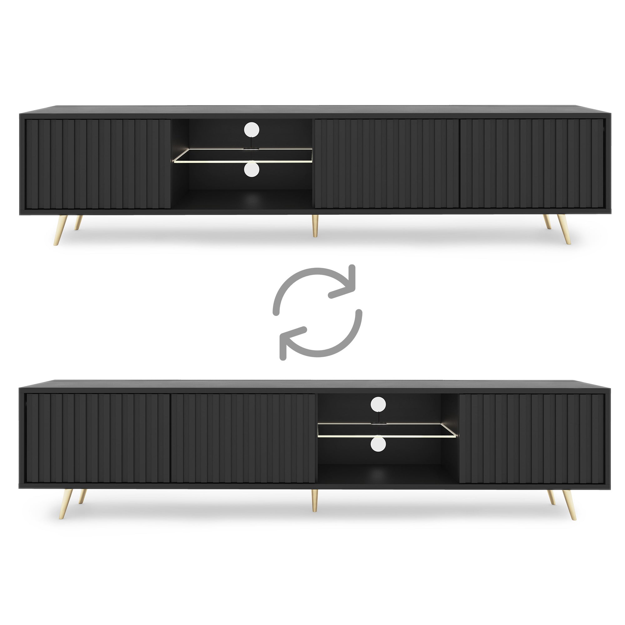TV-Schrank Bello mit Lamellenfronten, 175 cm, schwarz, mit LED und goldenen Beinen