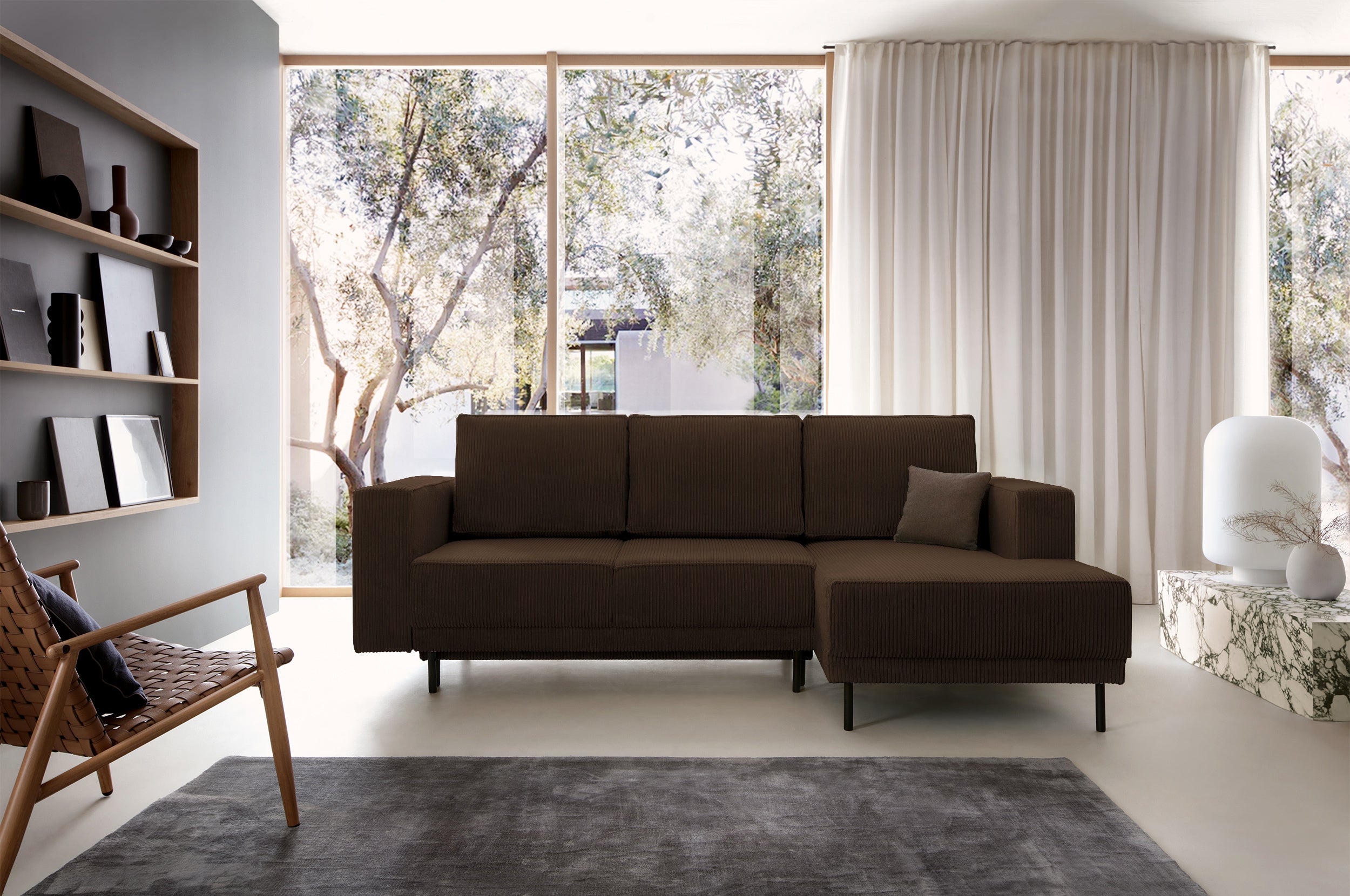 Ecksofa mit Schlaffunktion Rodario Mini, L-förmig, mit Stauraum, dunkelbrauner Cordstoff, rechtsseitig