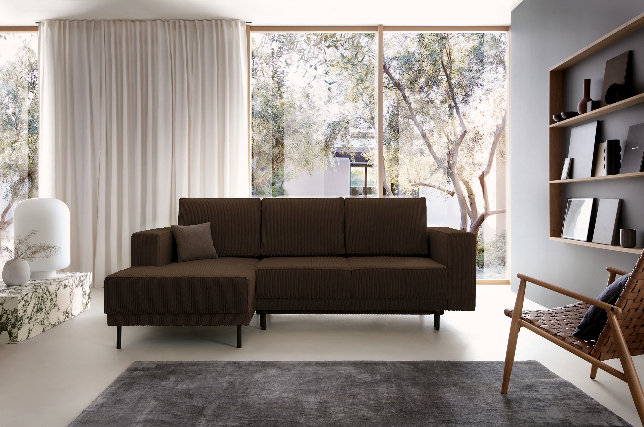 Ecksofa mit Schlaffunktion Rodario Mini, L-förmig, mit Stauraum, dunkelbrauner Cord, linksseitig