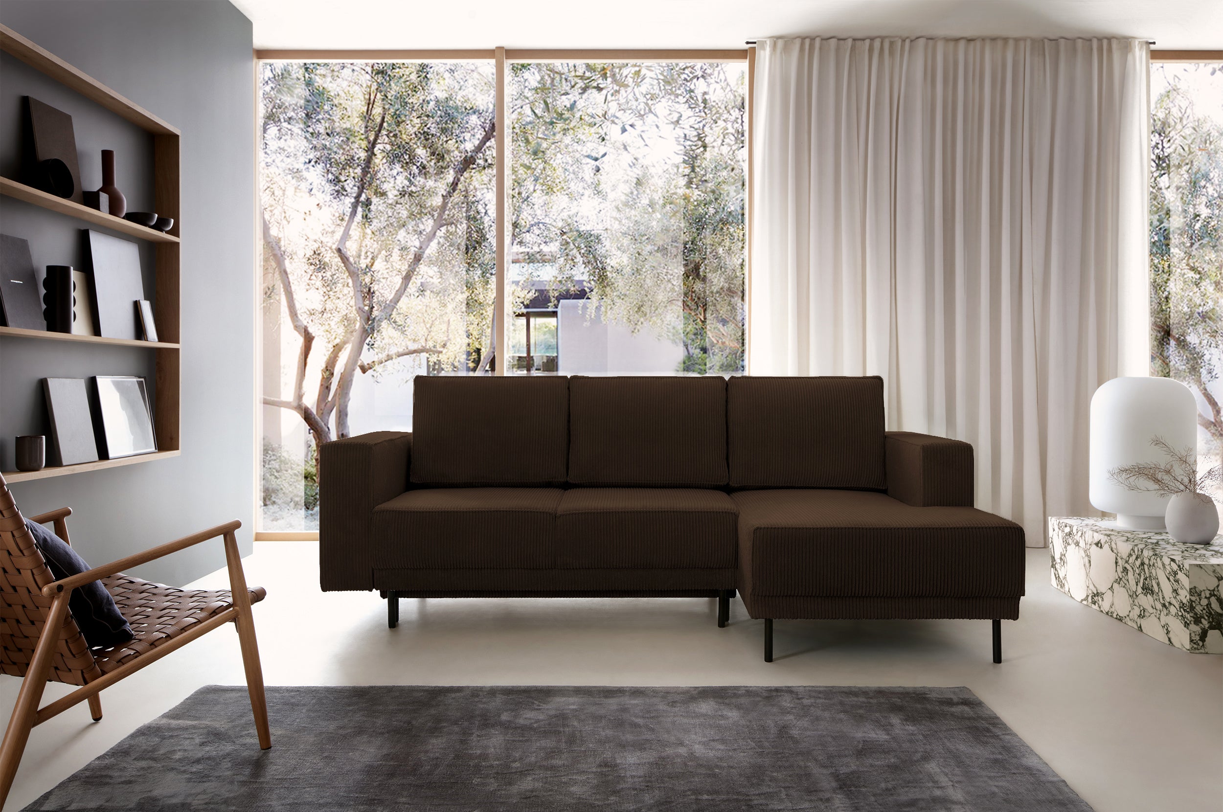 Ecksofa mit Schlaffunktion Rodario Mini, L-förmig, mit Stauraum, dunkelbrauner Cordstoff, rechtsseitig