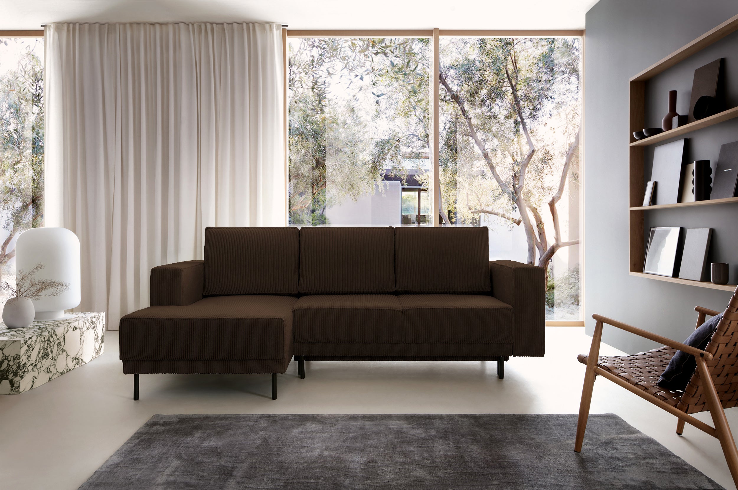 Ecksofa mit Schlaffunktion Rodario Mini, L-förmig, mit Stauraum, dunkelbrauner Cord, linksseitig