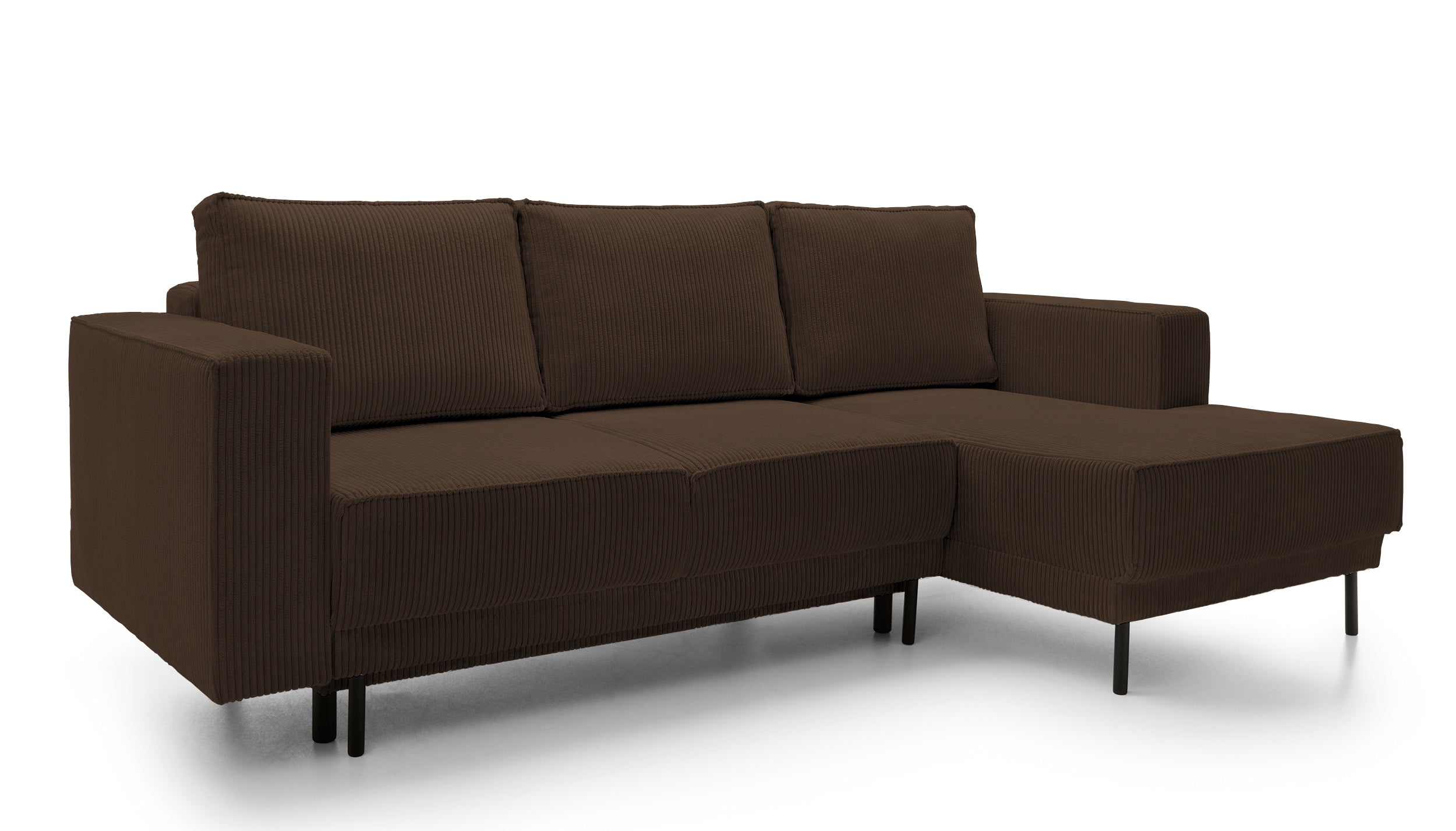 Ecksofa mit Schlaffunktion Rodario Mini, L-förmig, mit Stauraum, dunkelbrauner Cordstoff, rechtsseitig