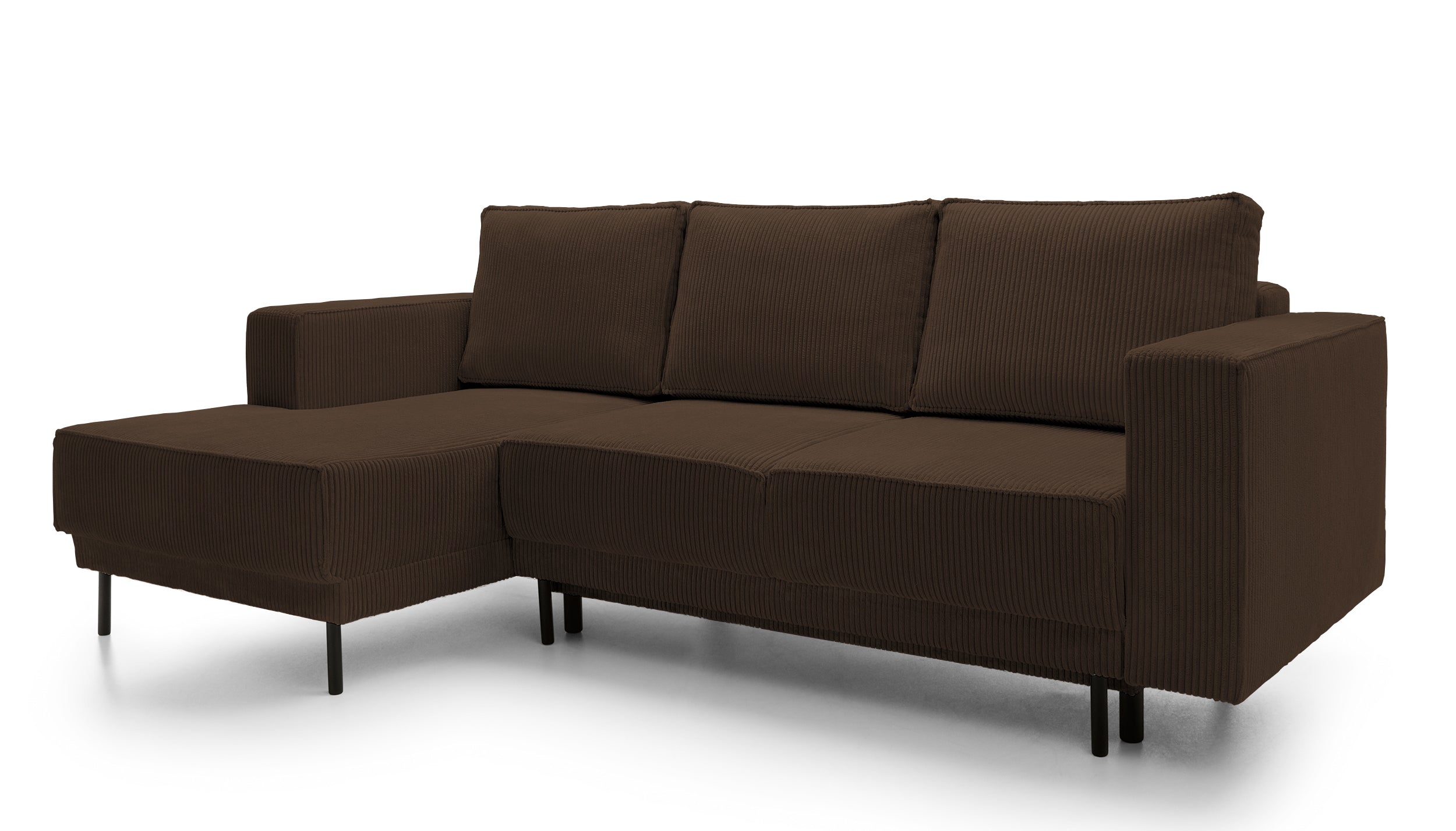 Ecksofa mit Schlaffunktion Rodario Mini, L-förmig, mit Stauraum, dunkelbrauner Cord, linksseitig