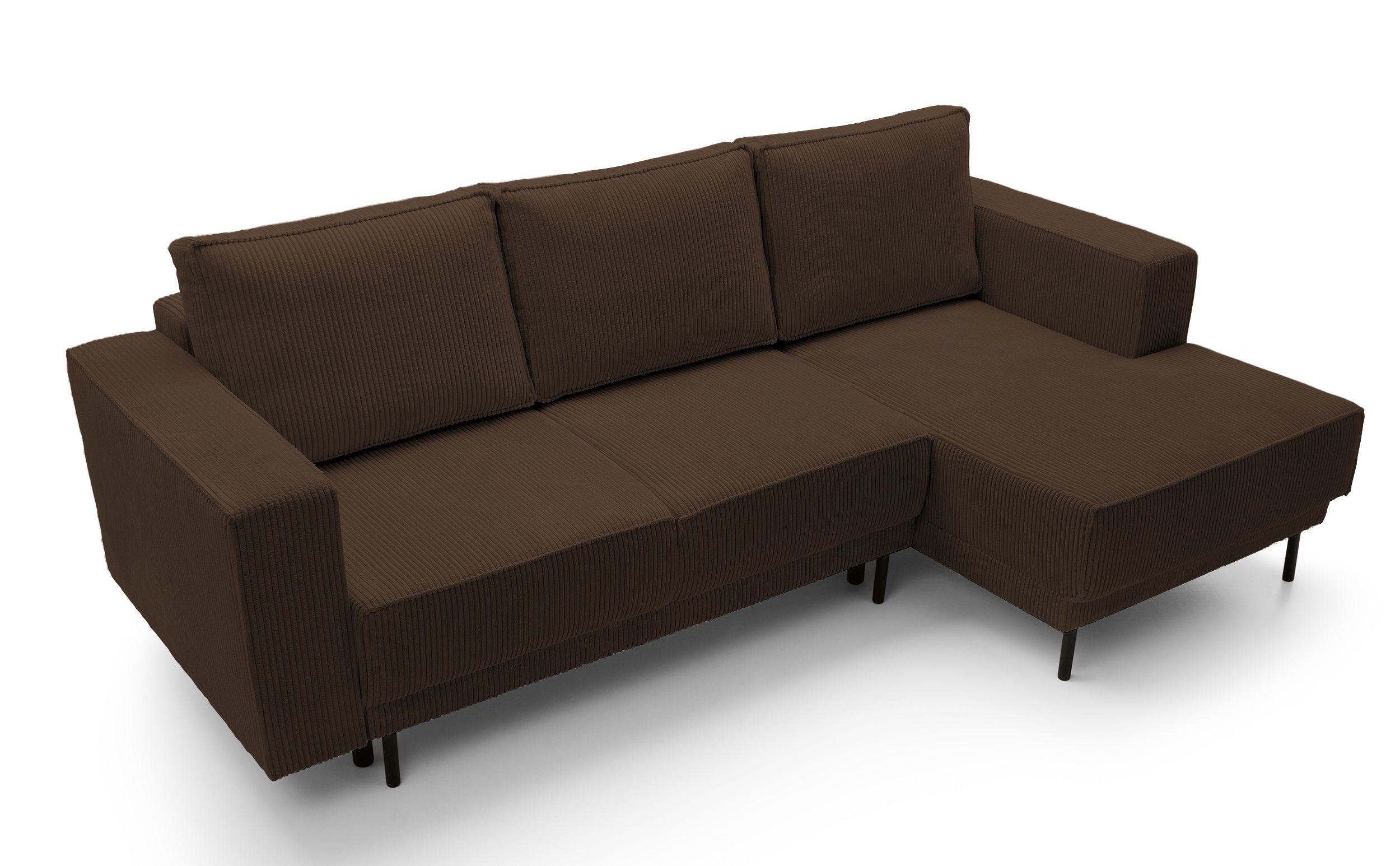 Ecksofa mit Schlaffunktion Rodario Mini, L-förmig, mit Stauraum, dunkelbrauner Cordstoff, rechtsseitig