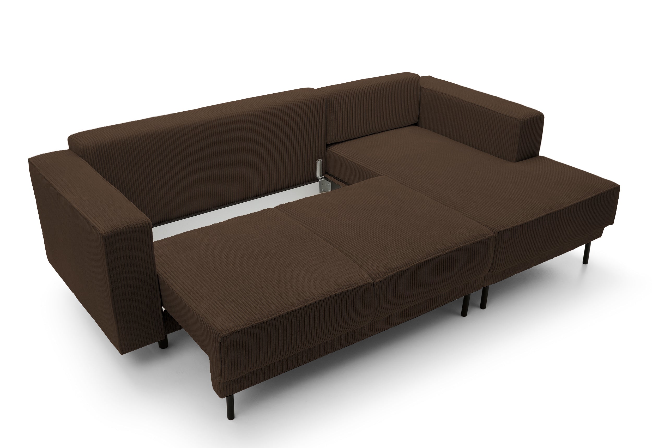 Ecksofa mit Schlaffunktion Rodario Mini, L-förmig, mit Stauraum, dunkelbrauner Cordstoff, rechtsseitig