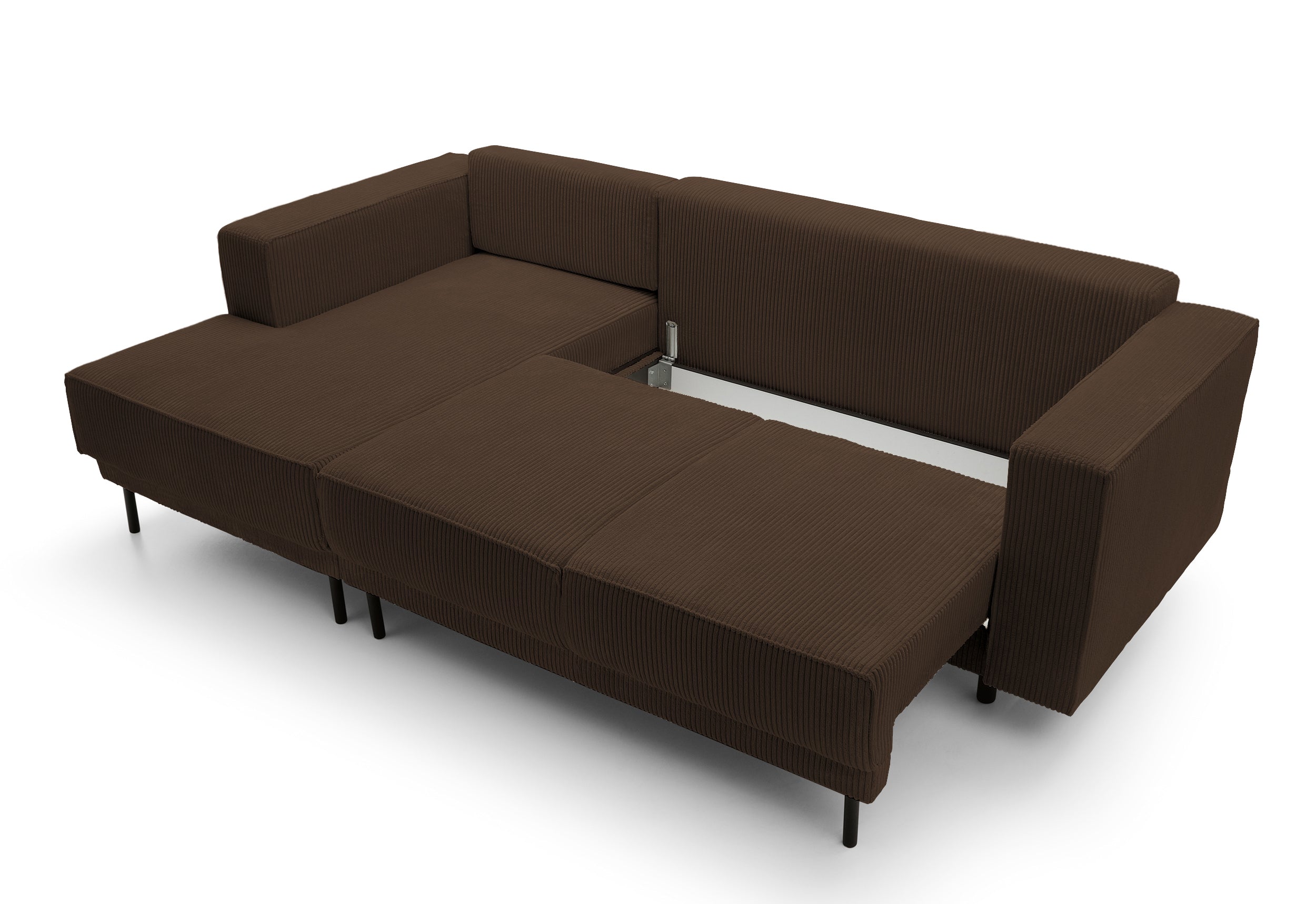 Ecksofa mit Schlaffunktion Rodario Mini, L-förmig, mit Stauraum, dunkelbrauner Cord, linksseitig