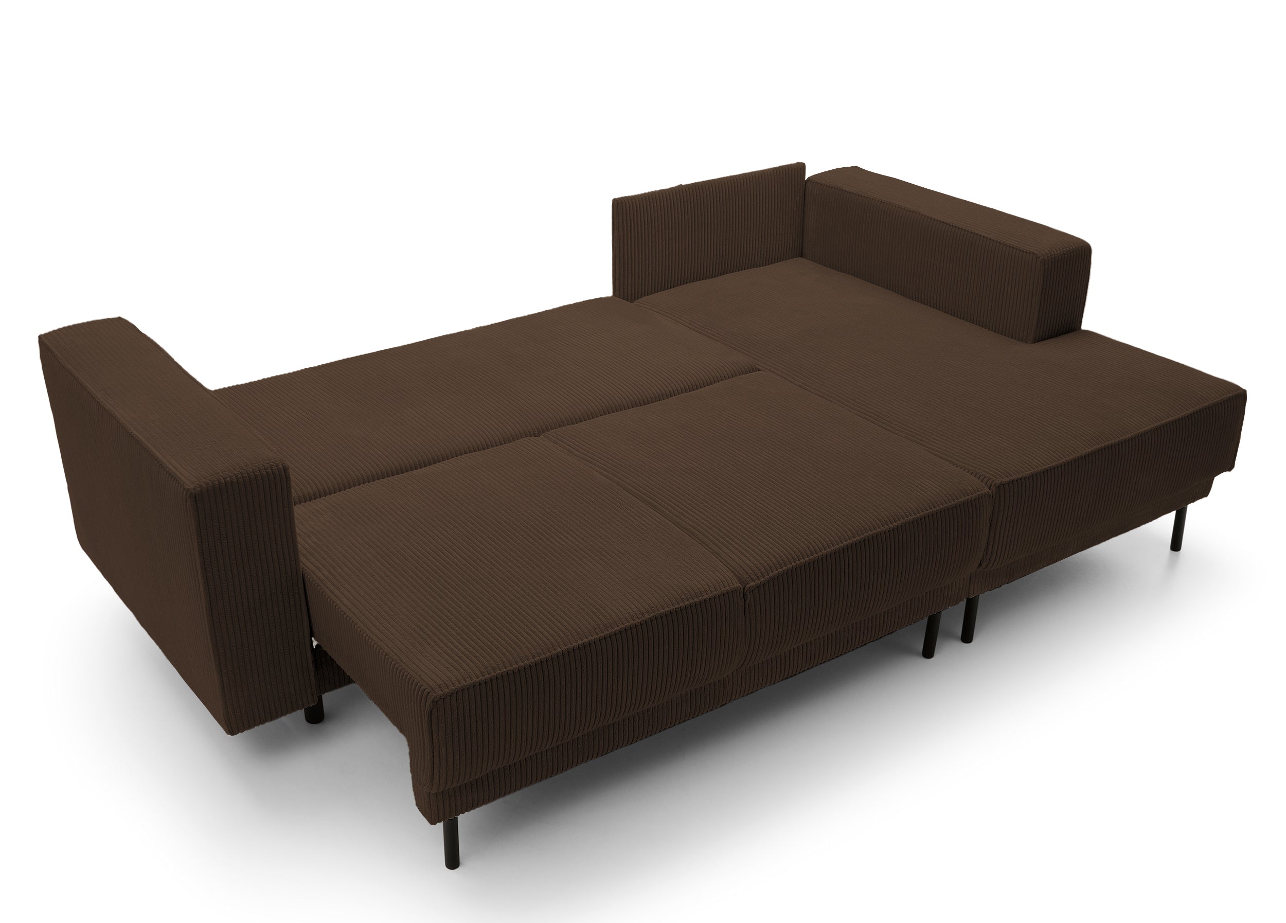 Ecksofa mit Schlaffunktion Rodario Mini, L-förmig, mit Stauraum, dunkelbrauner Cordstoff, rechtsseitig
