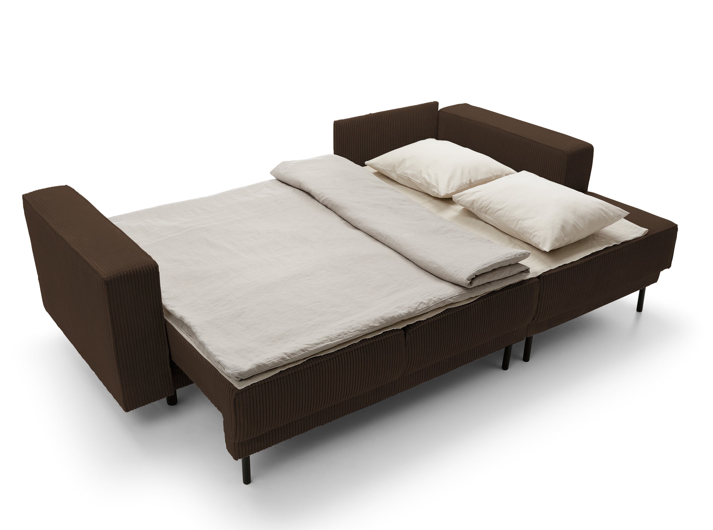 Ecksofa mit Schlaffunktion Rodario Mini, L-förmig, mit Stauraum, dunkelbrauner Cordstoff, rechtsseitig