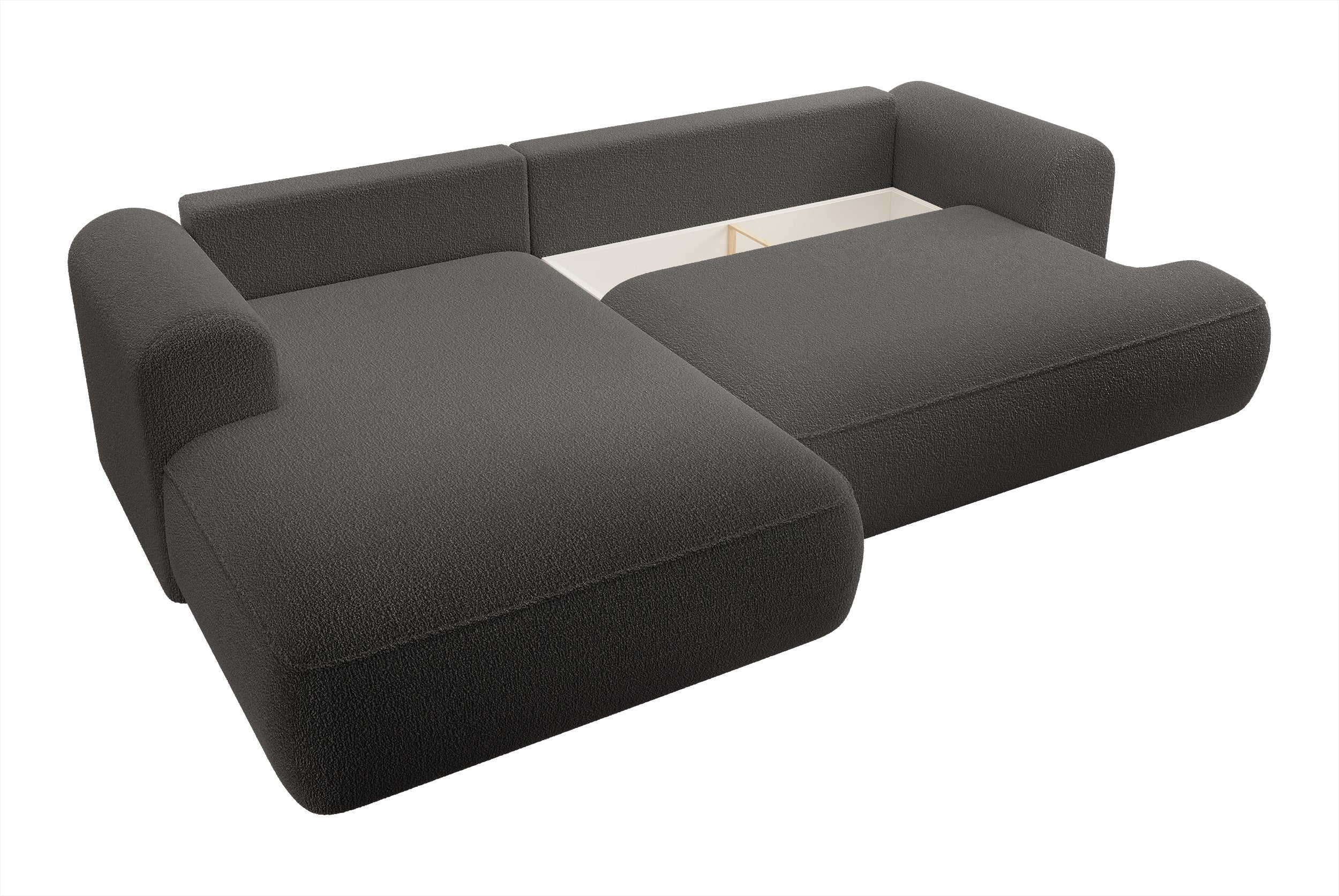 Ecksofa mit Schlaffunktion Ovo, L-förmig, dunkelgrau, mit Stauraum, Bouclé, linksseitig