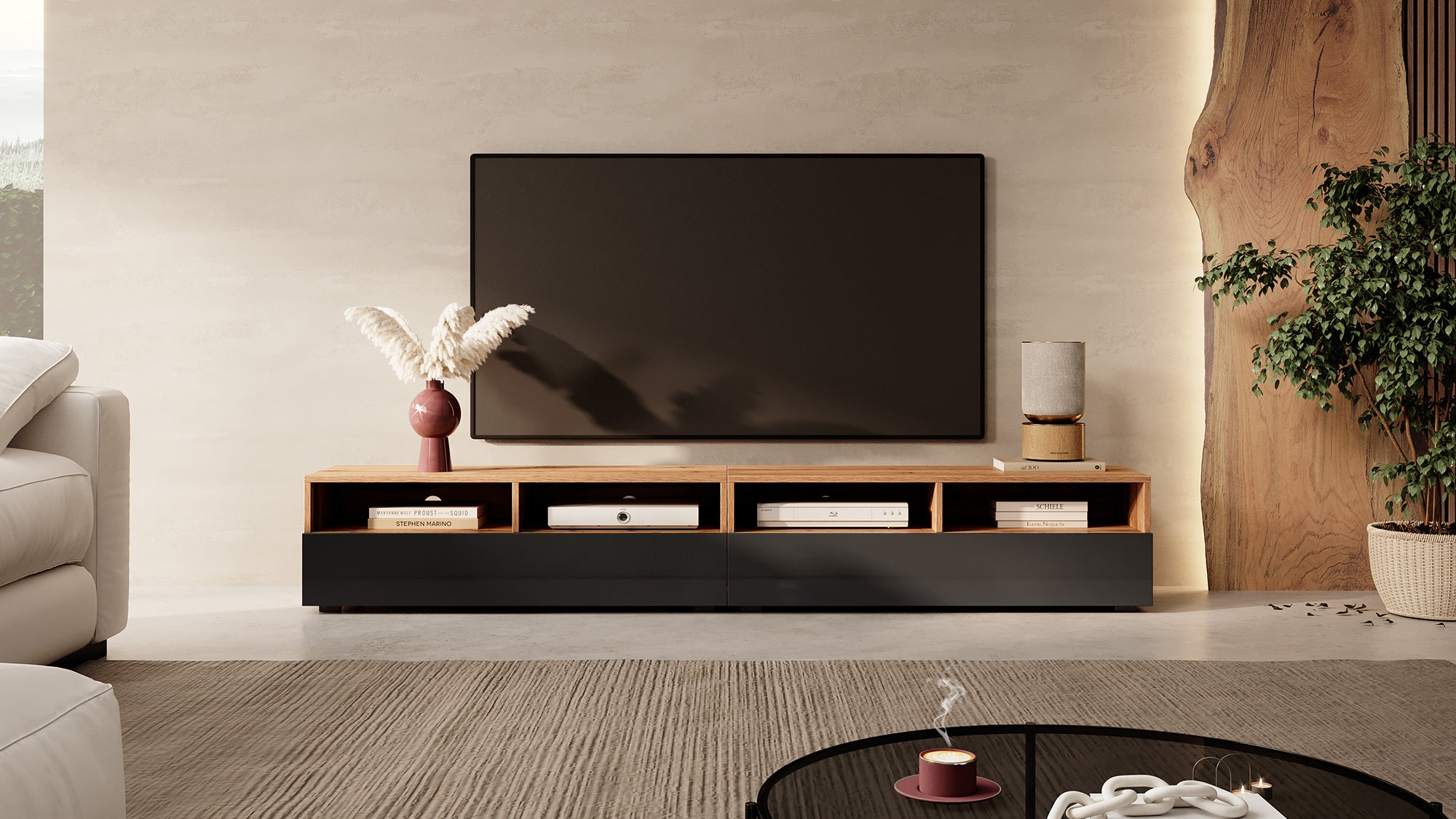 TV-Schrank mit zwei Schubladen Rednaw 200 cm Wotan-Eiche / Hochglanz Schwarz mit Beleuchtung