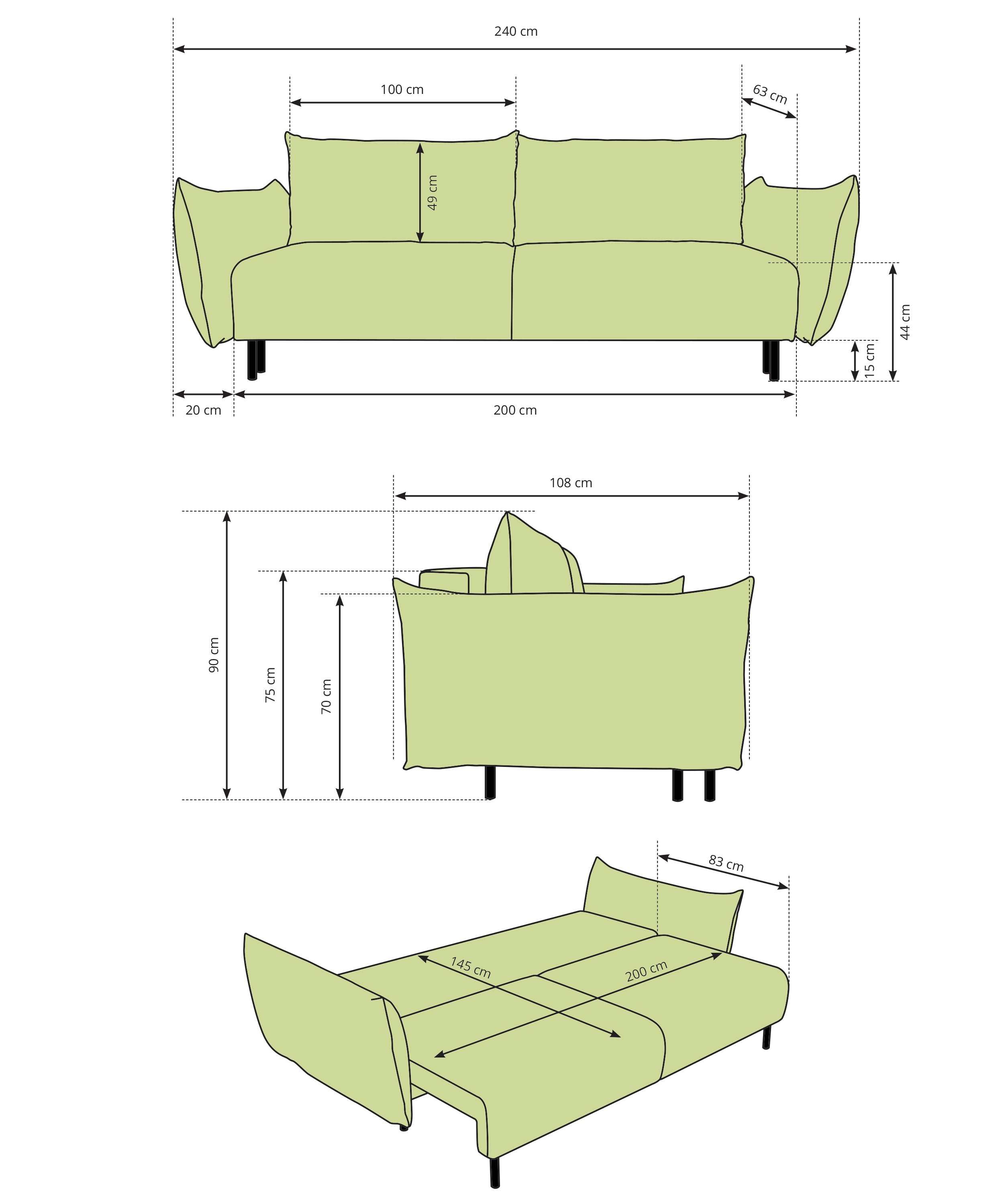 Dreisitziges ausklappbares Sofa Candeiro mit Stauraum, beige Chenille