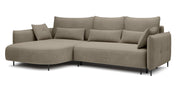 Ecksofa Oblivio mit Schlaffunktion, L-förmig, mit Stauraum, hellbraunes Samt, linksseitig, wasserabweisend
