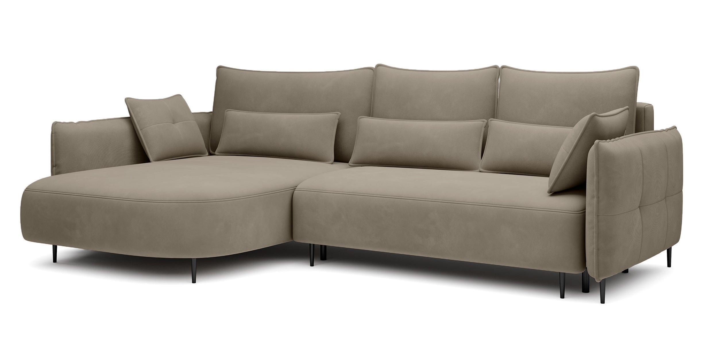 Ecksofa Oblivio mit Schlaffunktion, L-förmig, mit Stauraum, hellbraunes Samt, linksseitig, wasserabweisend