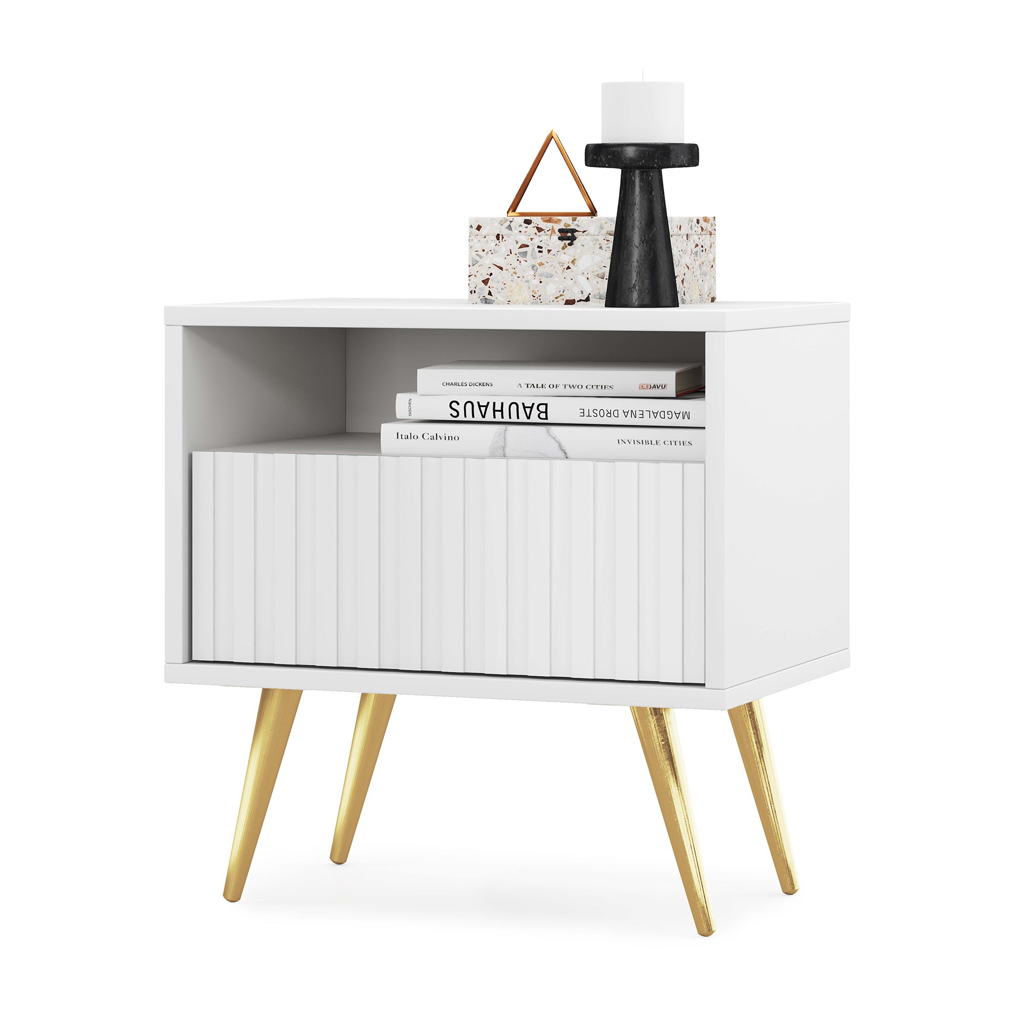 Nachttisch Bello mit Schublade und lamellenförmiger Front, weiß mit goldenen Beinen