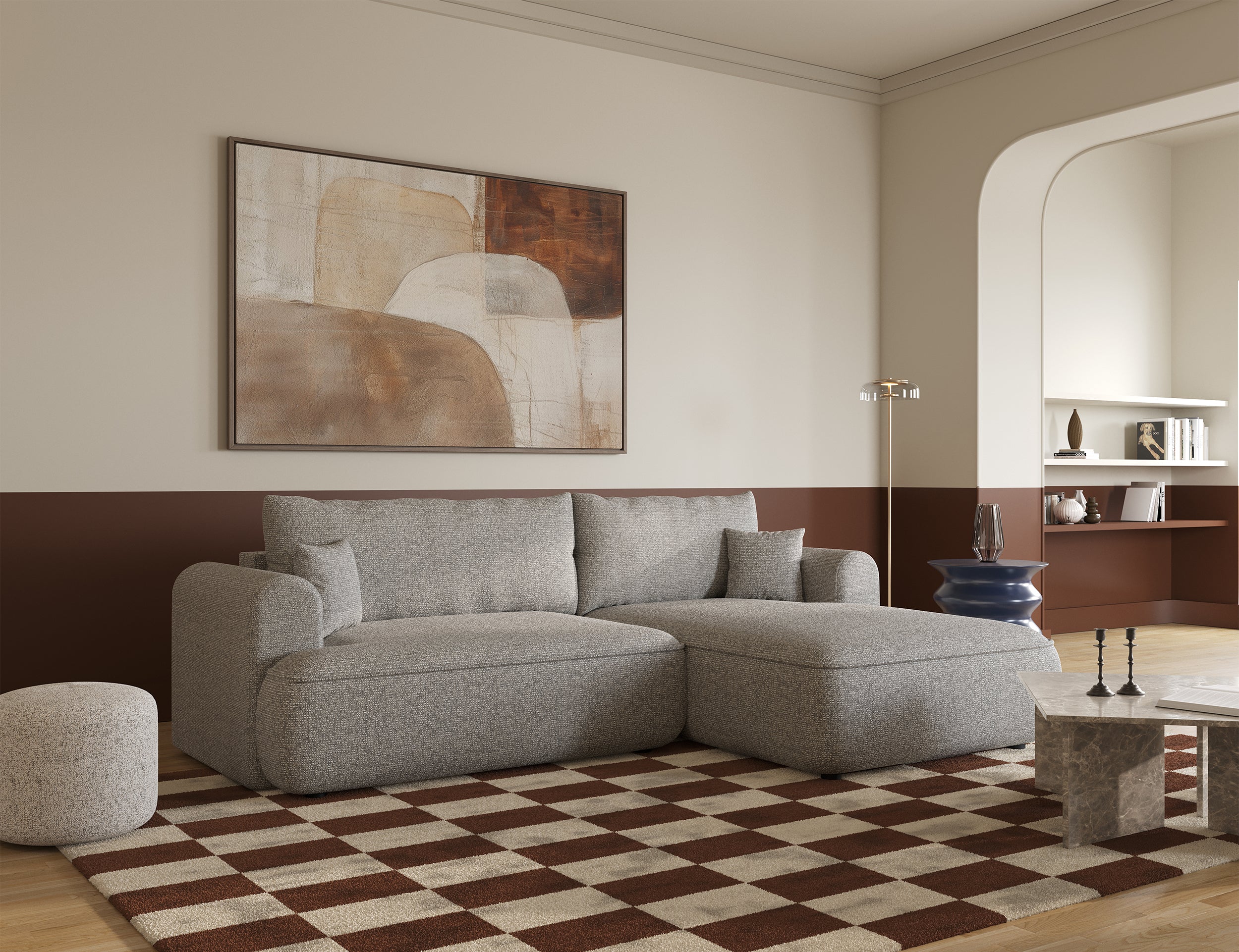 Ecksofa mit Schlaffunktion Ovo L-förmig, grau-beige Flechtoptik, rechtsseitig