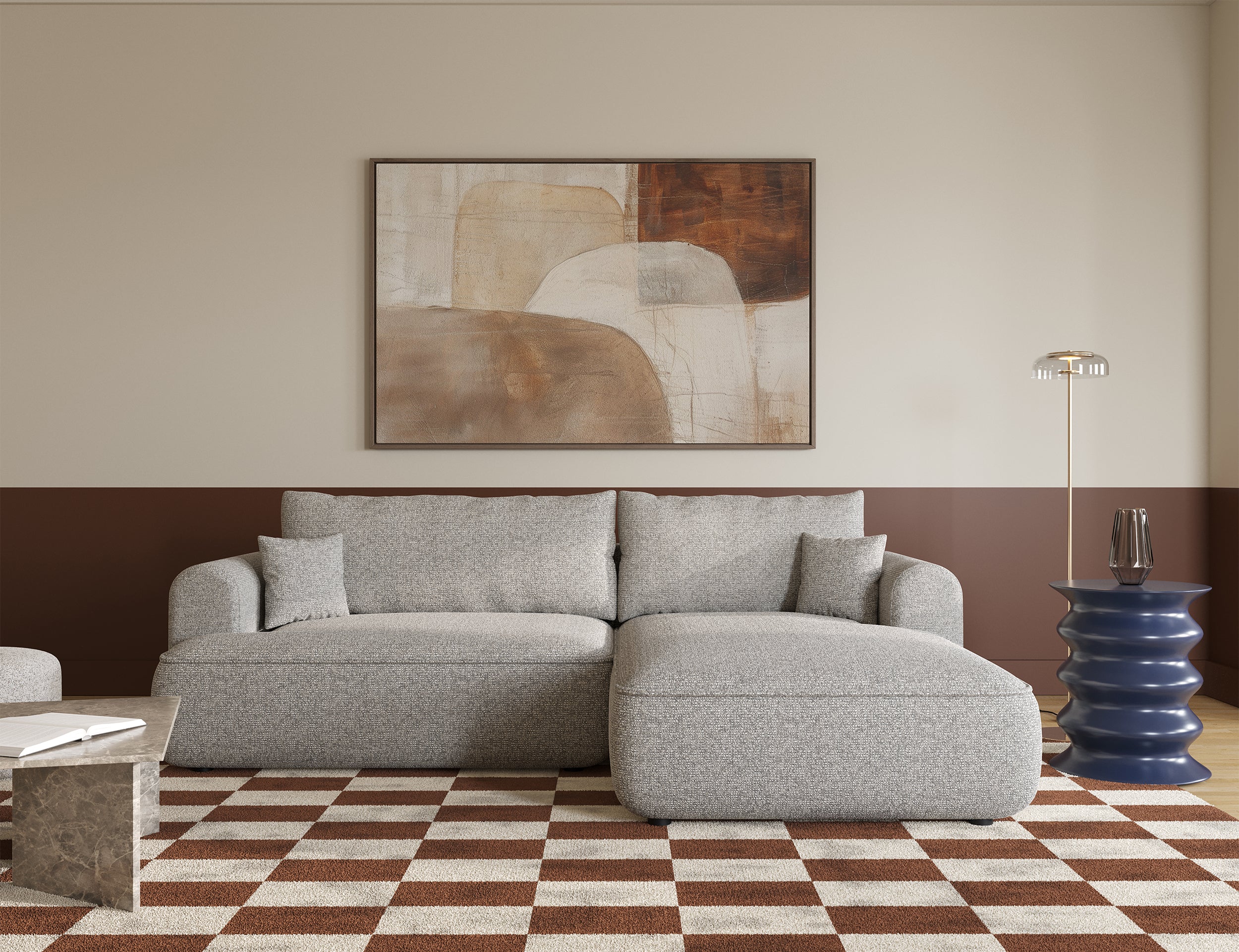 Ecksofa mit Schlaffunktion Ovo L-förmig, grau-beige Flechtoptik, rechtsseitig