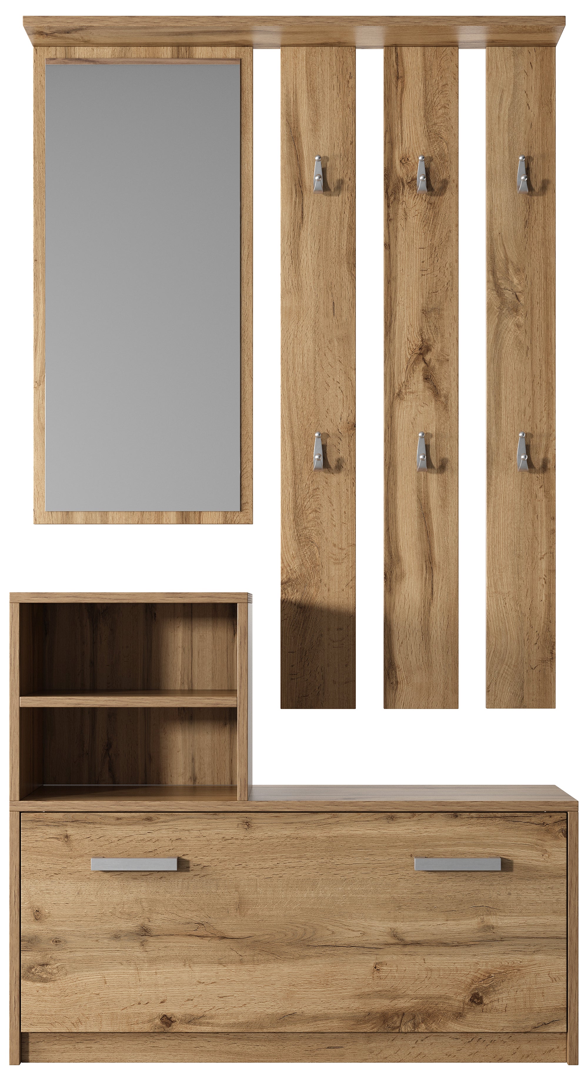 Flur-Set Yesfir mit Spiegel, Haken, Regalen und Schuhschrank Wotan-Eiche