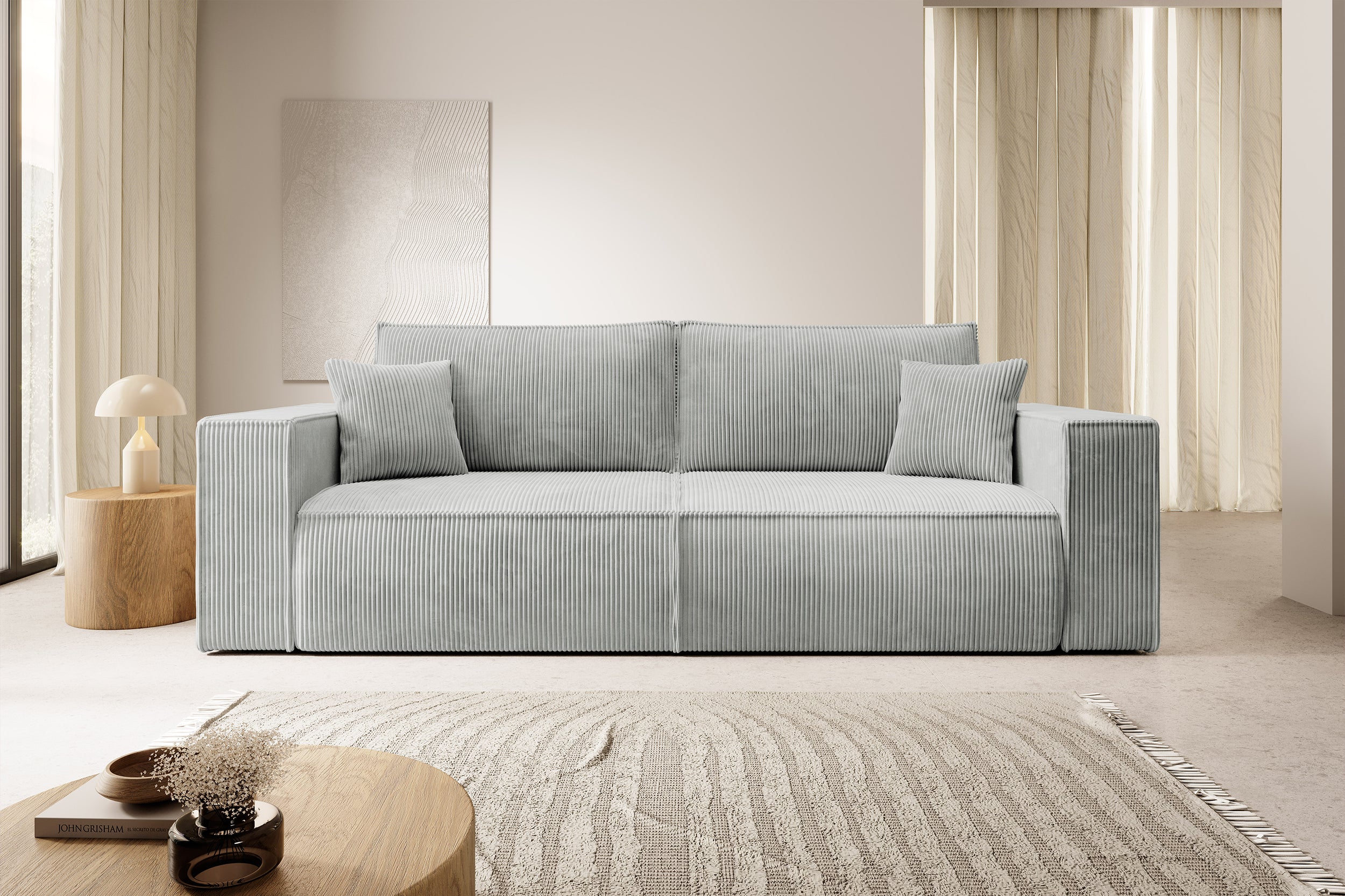 Dreisitziges ausklappbares Sofa Farese mit Stauraum, hellgrauer Cordstoff