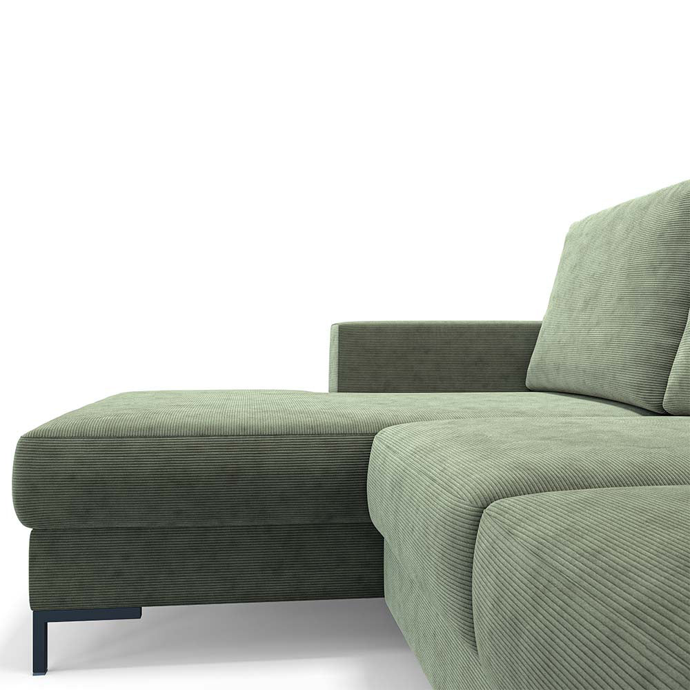 Ecksofa mit Schlaffunktion Mokpeo, L-förmig, mit zwei Stauraumfächern, schwarzen Füßen, grüner Cord, linksseitig