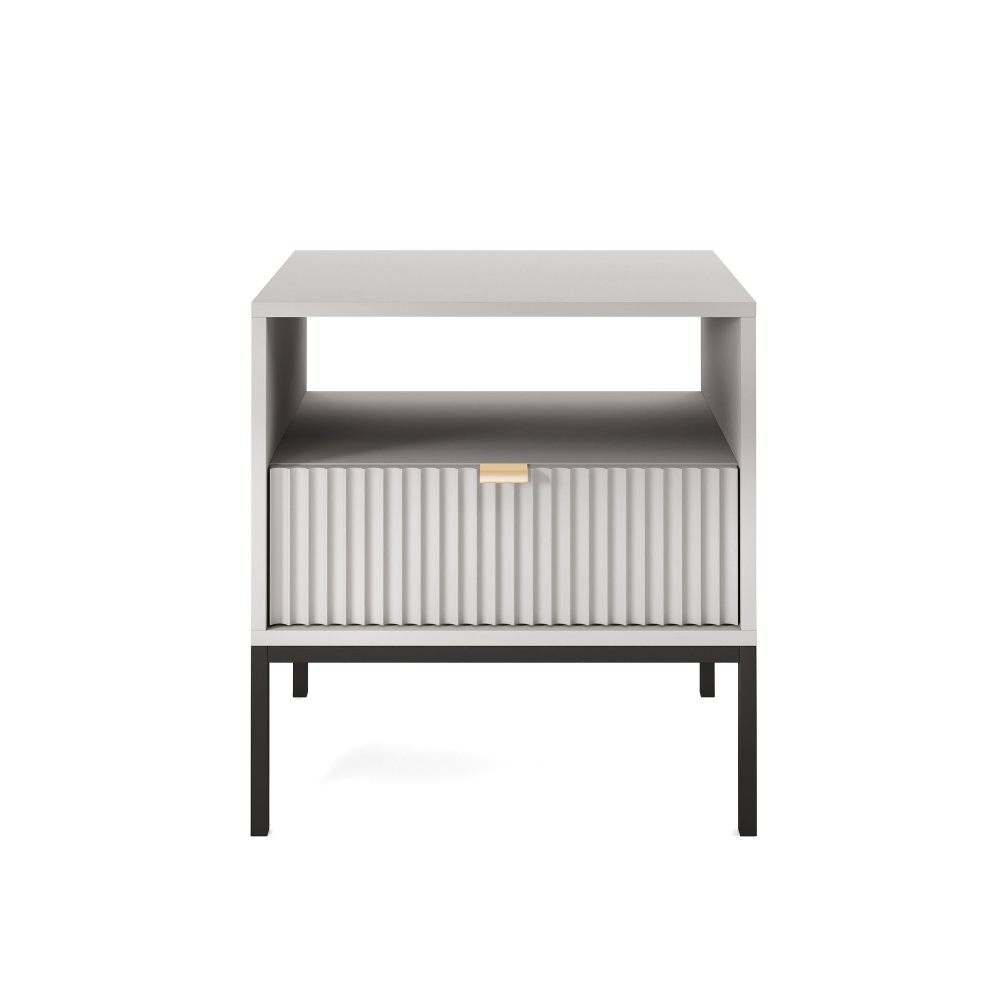 Nachttisch Vellore 54 cm grau mit geriffelter Front und goldenem Griff
