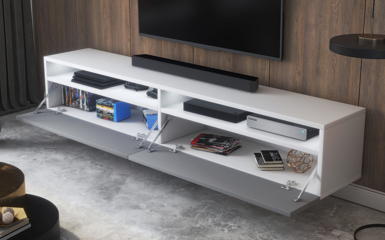 TV-Schrank Rednaw 180 cm Weiß matt / Grau Hochglanz mit Beleuchtung