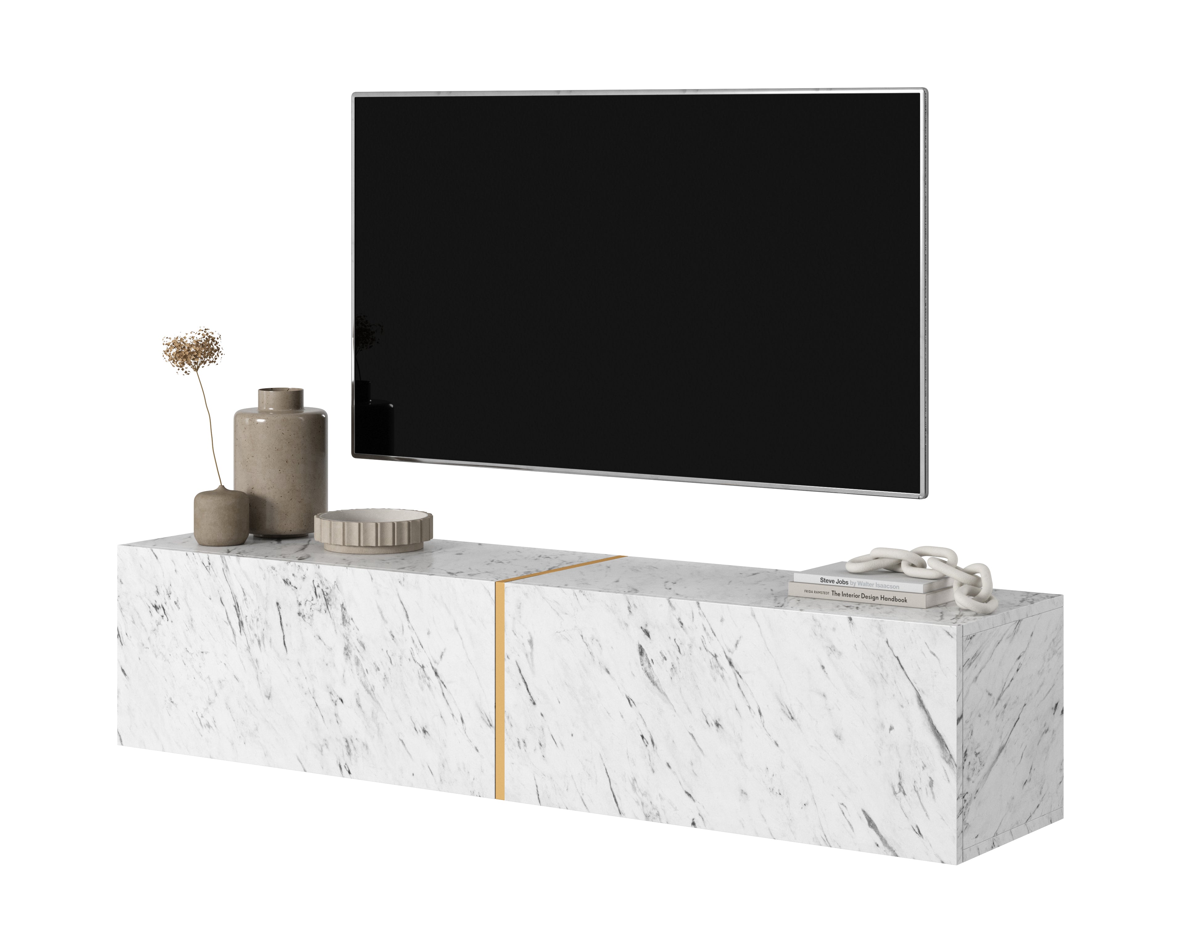 TV-Schrank Bisira 140 cm Marmoreffekt Egger Weiß mit goldenem Einsatz