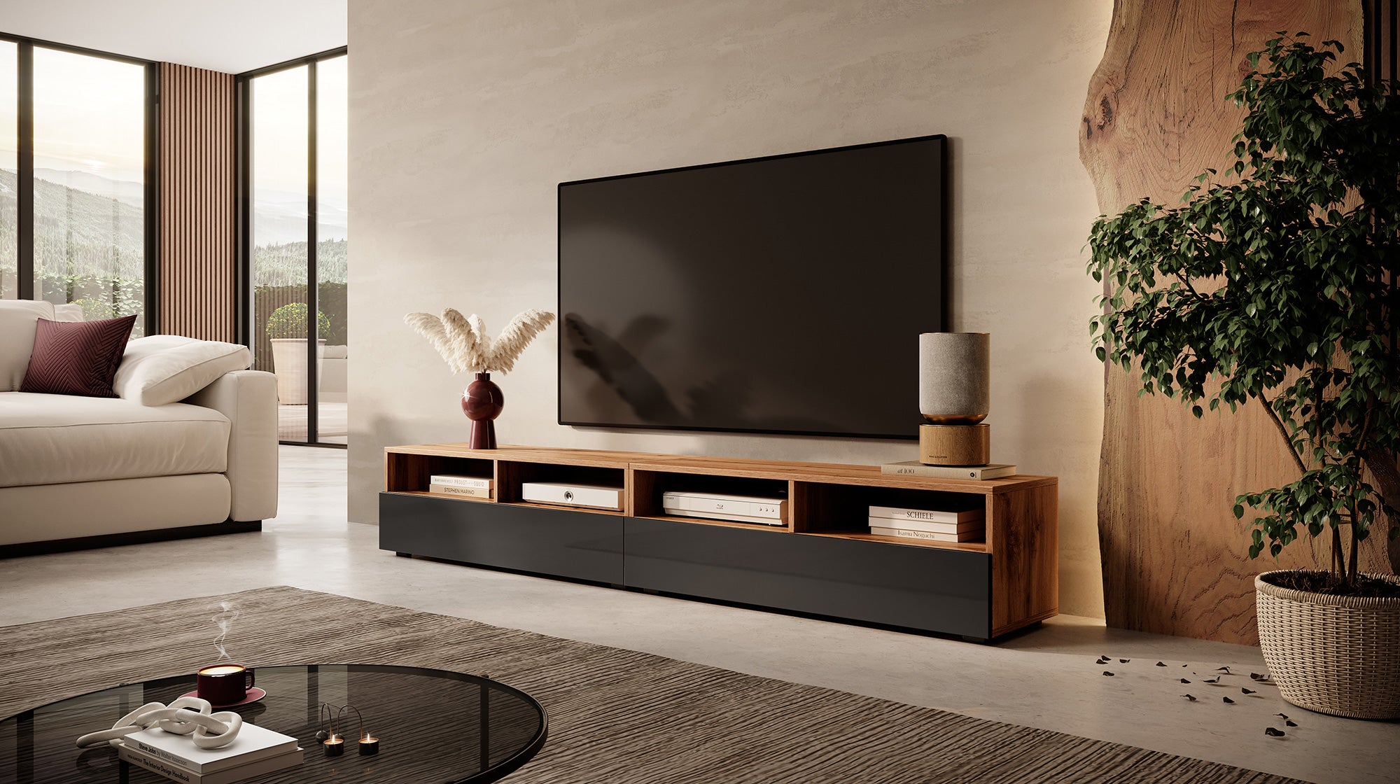 TV-Schrank mit zwei Schubladen Rednaw 200 cm Wotan-Eiche / Hochglanz Schwarz mit Beleuchtung