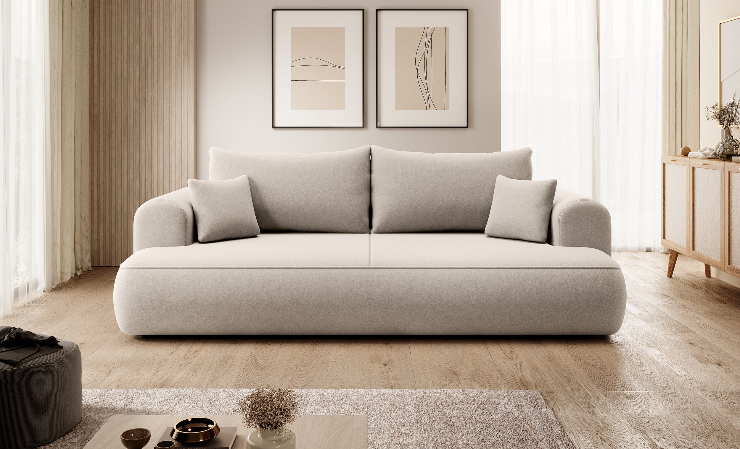 Dreisitziges ausklappbares Sofa Ovo mit Stauraum, hellbeiger Velours aus leicht zu reinigendem Stoff
