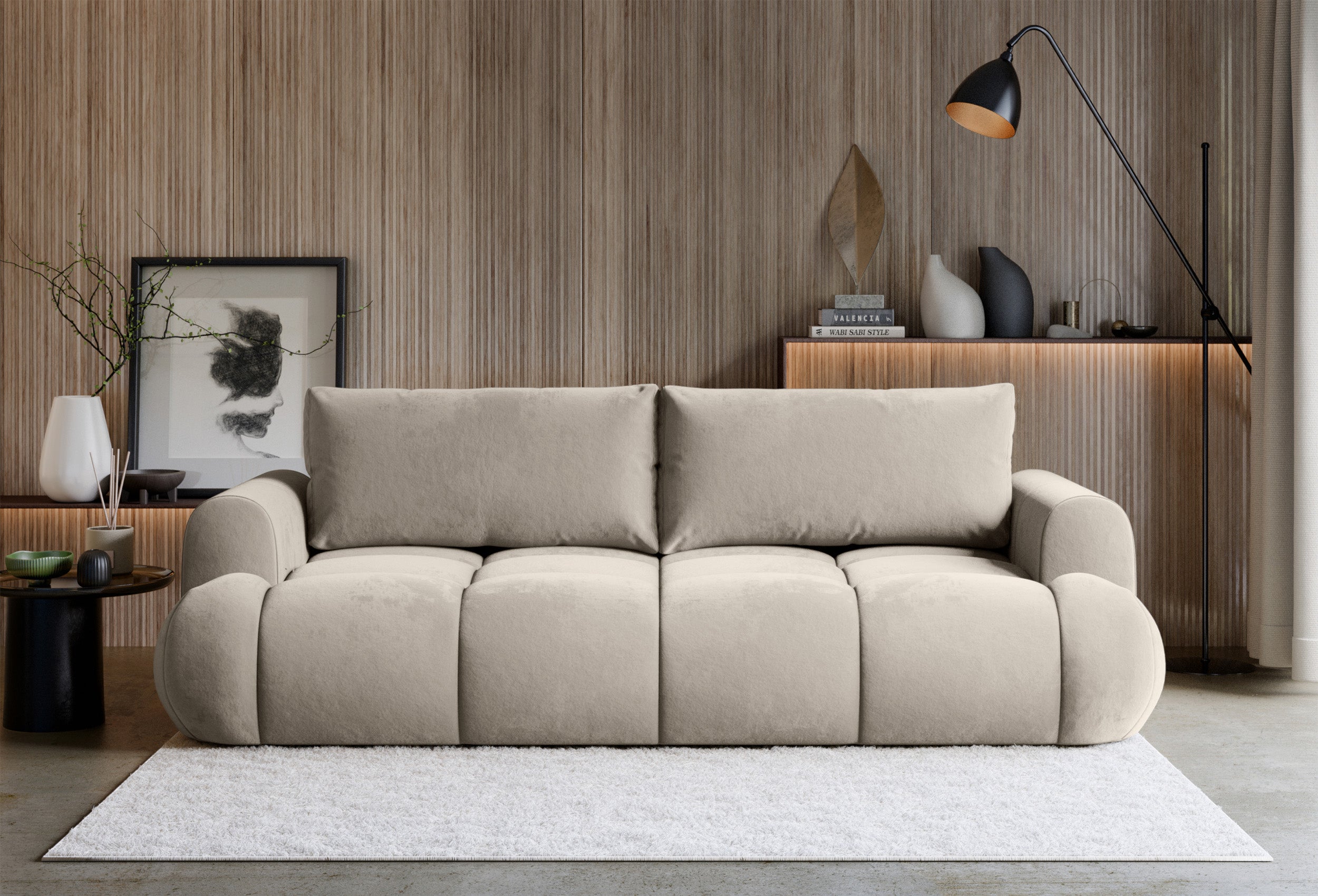 Dreisitziges ausklappbares Sofa Ombo Doce mit Stauraum, beige, wasserabweisender Samtstoff