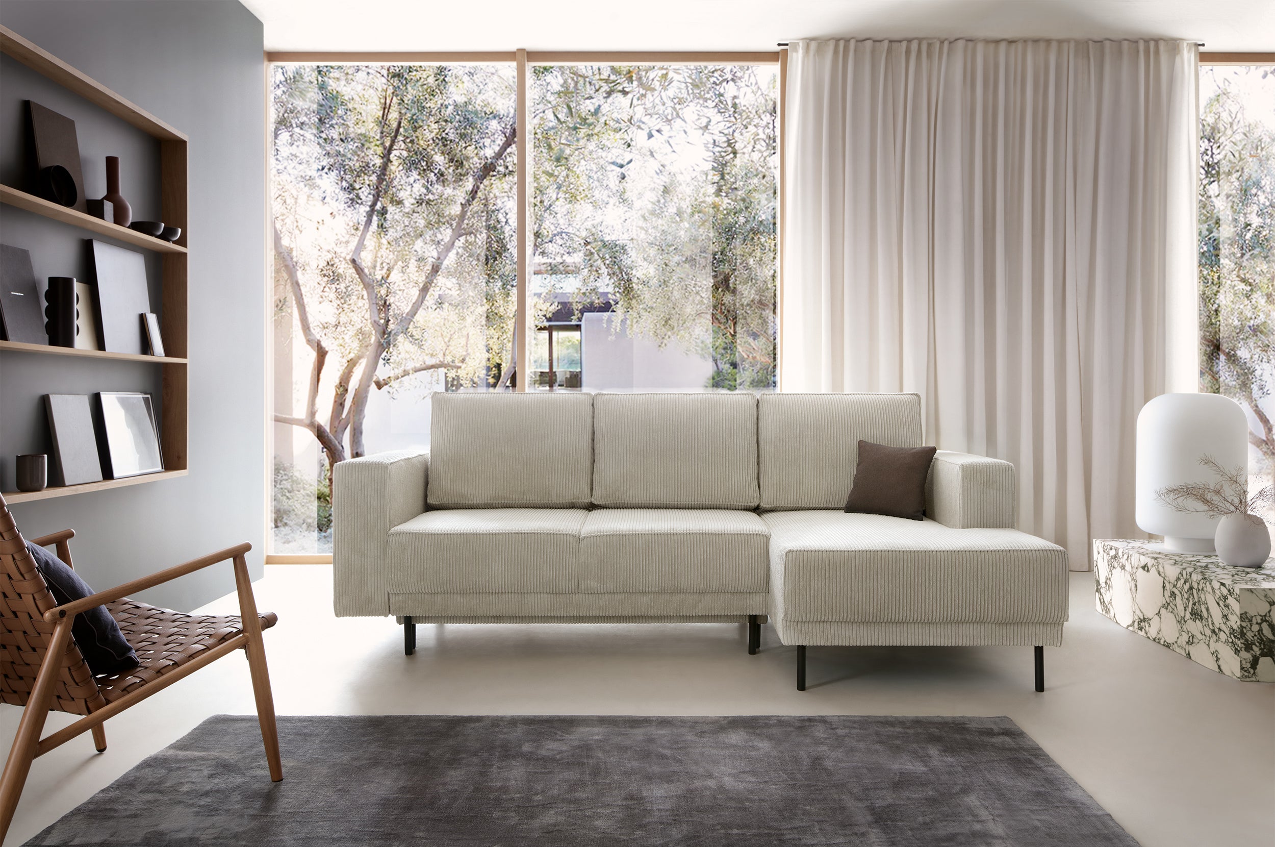 Ecksofa mit Schlaffunktion Rodario Mini, L-förmig, mit Stauraum, hellbeige Cord, rechtsseitig