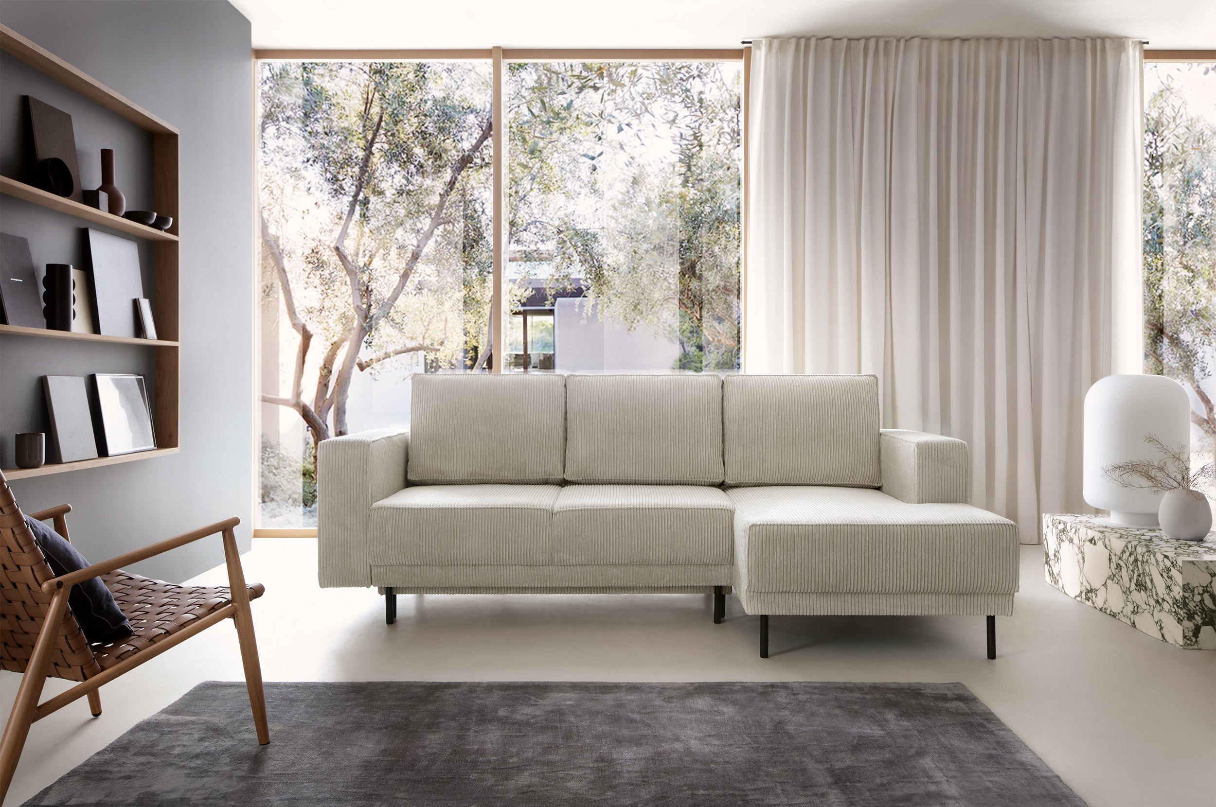 Ecksofa mit Schlaffunktion Rodario Mini, L-förmig, mit Stauraum, hellbeige Cord, rechtsseitig