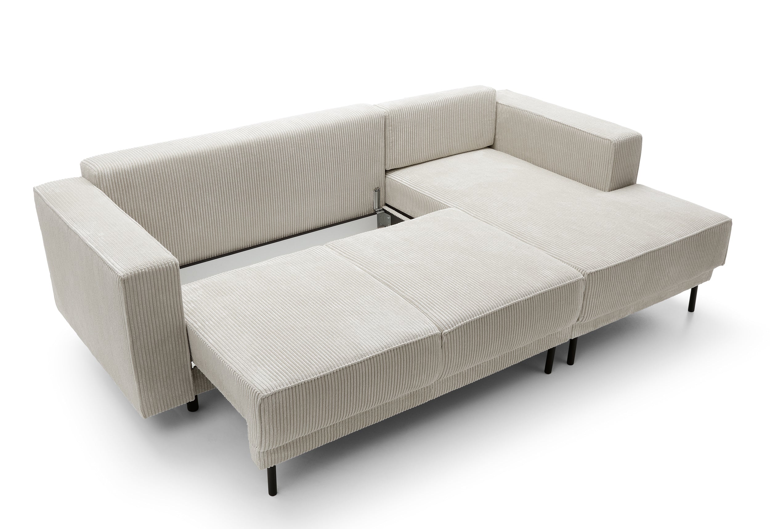 Ecksofa mit Schlaffunktion Rodario Mini, L-förmig, mit Stauraum, hellbeige Cord, rechtsseitig