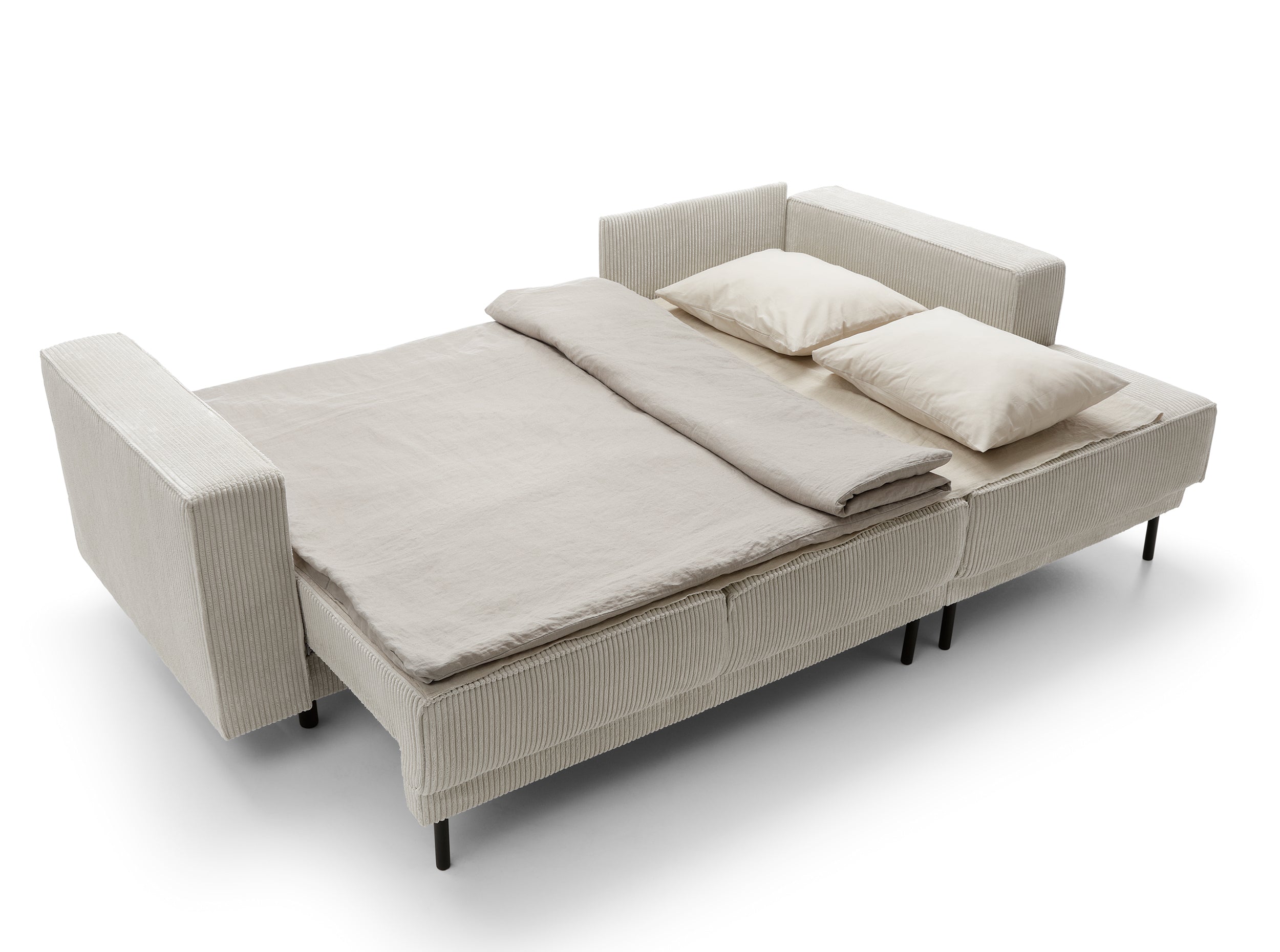 Ecksofa mit Schlaffunktion Rodario Mini, L-förmig, mit Stauraum, hellbeige Cord, rechtsseitig