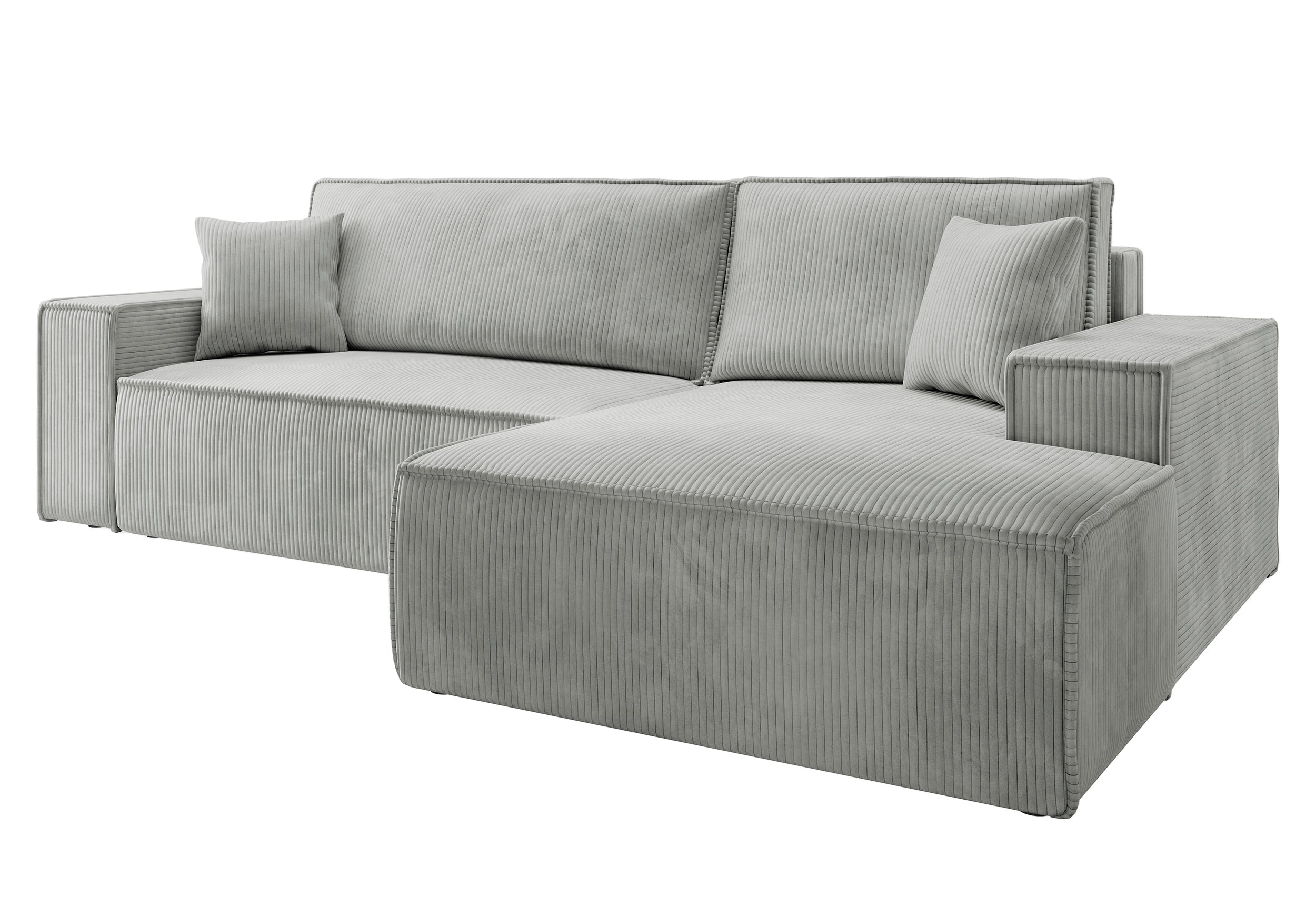 Ecksofa mit Schlaffunktion Farese New, L-förmig, mit Stauraum, hellgrauer Cordstoff, rechtsseitig