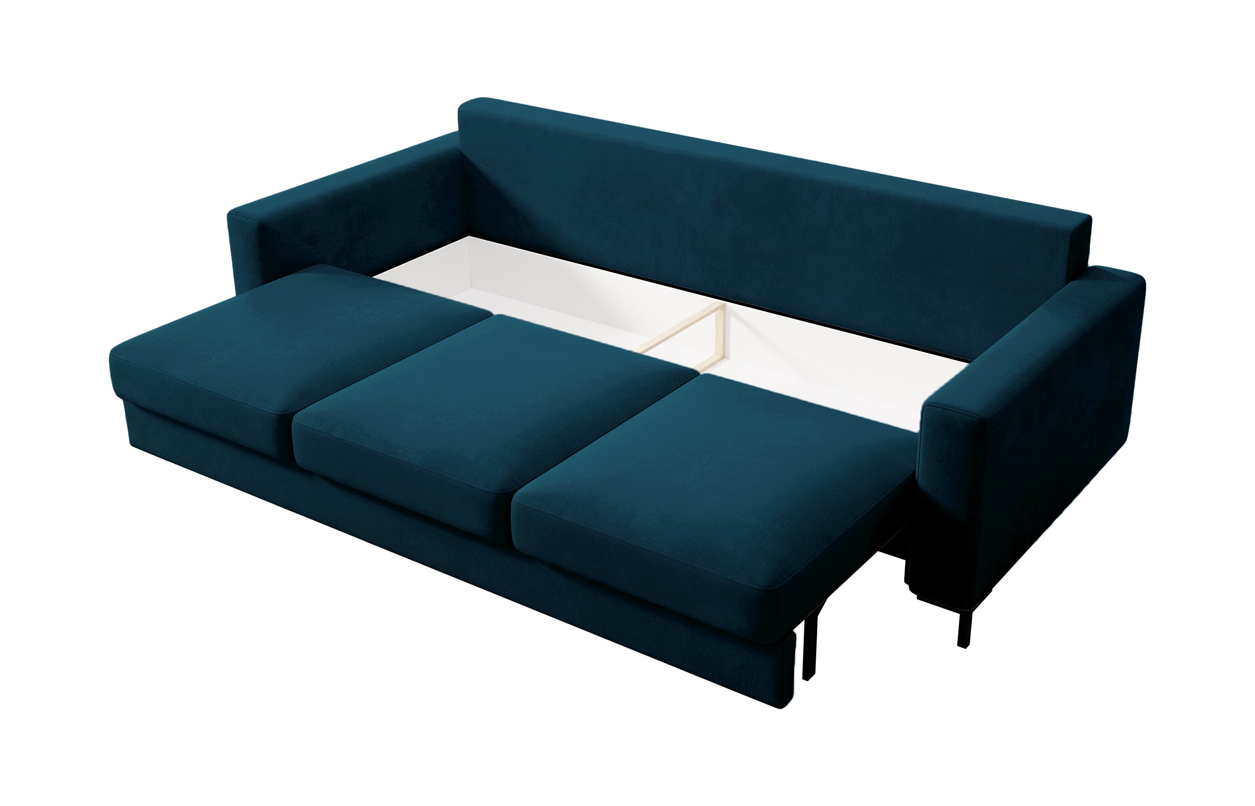 Dreisitziges ausklappbares Sofa Mokpeo mit Stauraum, dunkelblauer Samtvelours