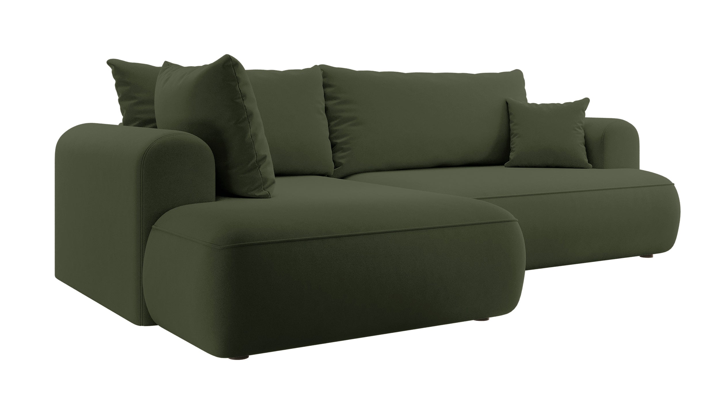 Ecksofa mit Schlaffunktion Ovo, L-förmig, mit Armlehne und Stauraum, olivgrüner, pflegeleichter Samt, linksseitig