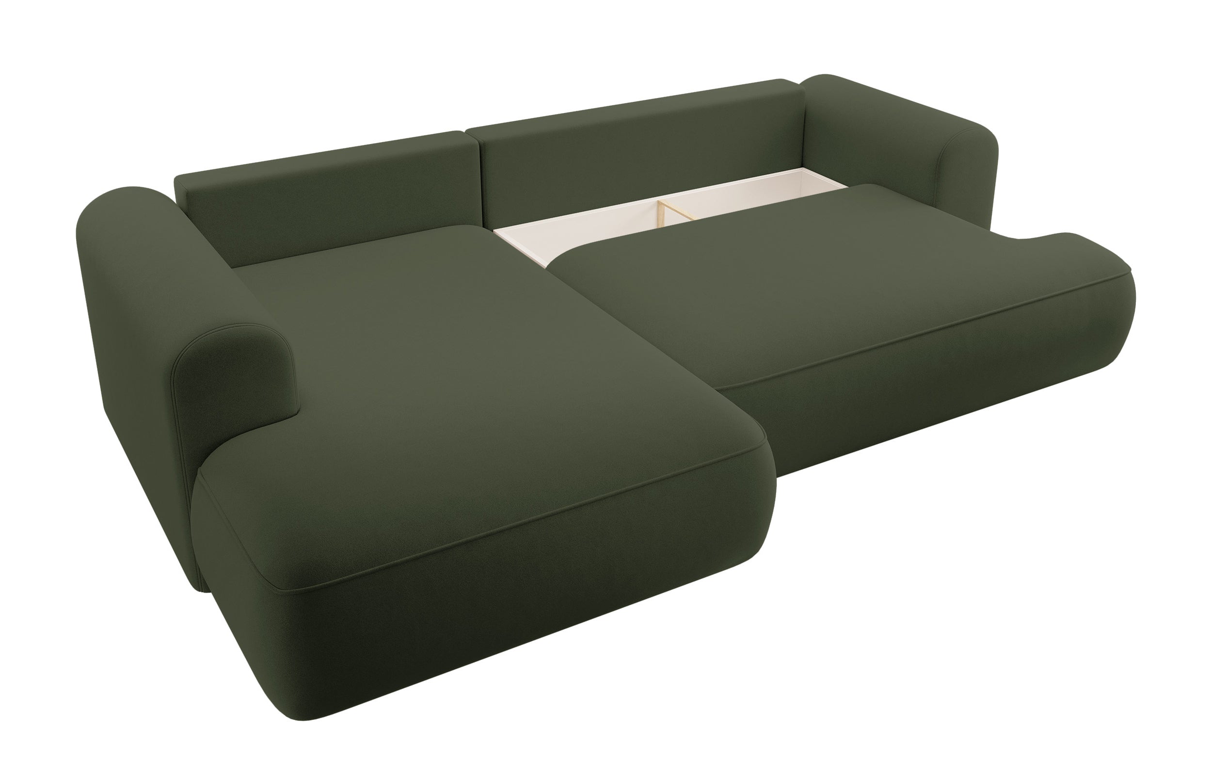Ecksofa mit Schlaffunktion Ovo, L-förmig, mit Armlehne und Stauraum, olivgrüner, pflegeleichter Samt, linksseitig