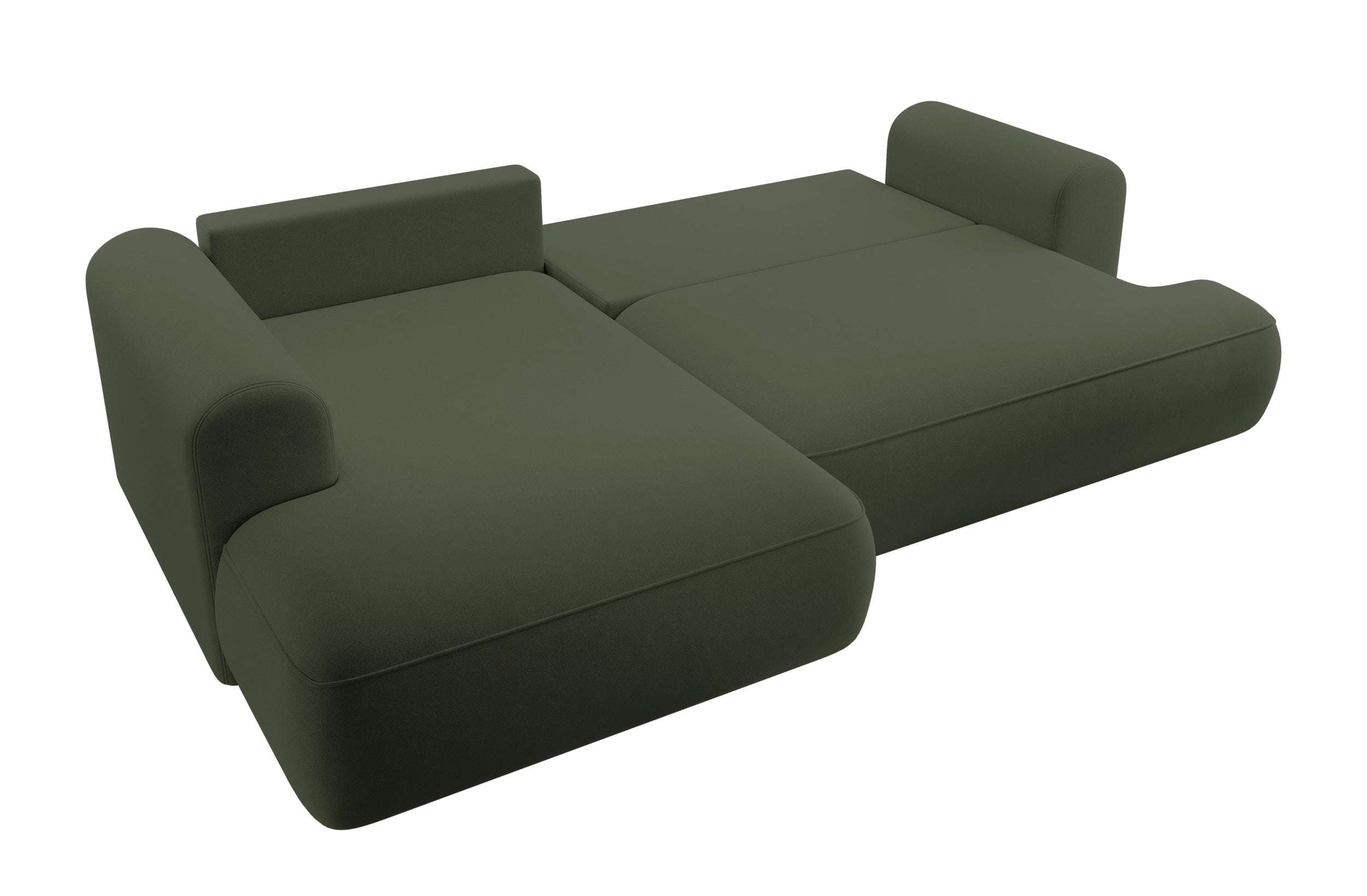 Ecksofa mit Schlaffunktion Ovo, L-förmig, mit Armlehne und Stauraum, olivgrüner, pflegeleichter Samt, linksseitig