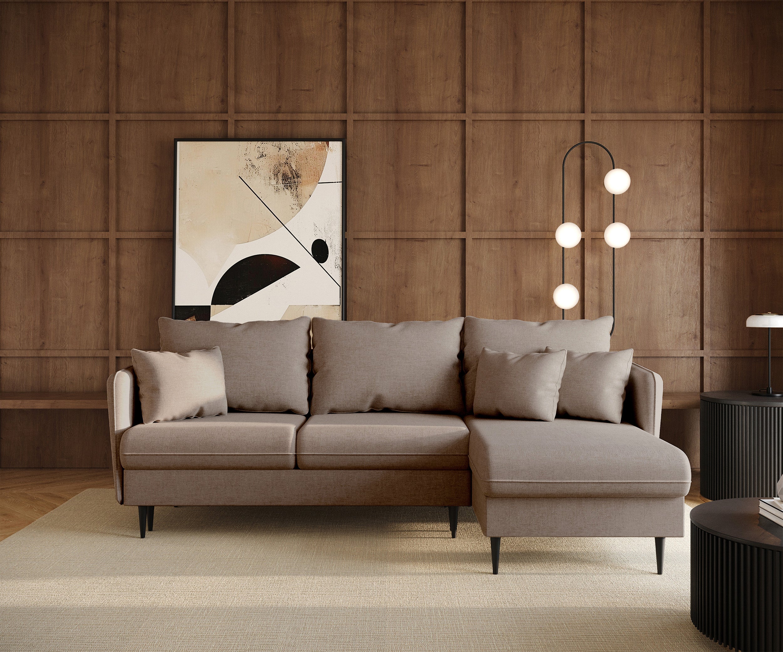 Ecksofa mit Schlaffunktion Volio, L-förmig, beige Chenille, schwarze Beine