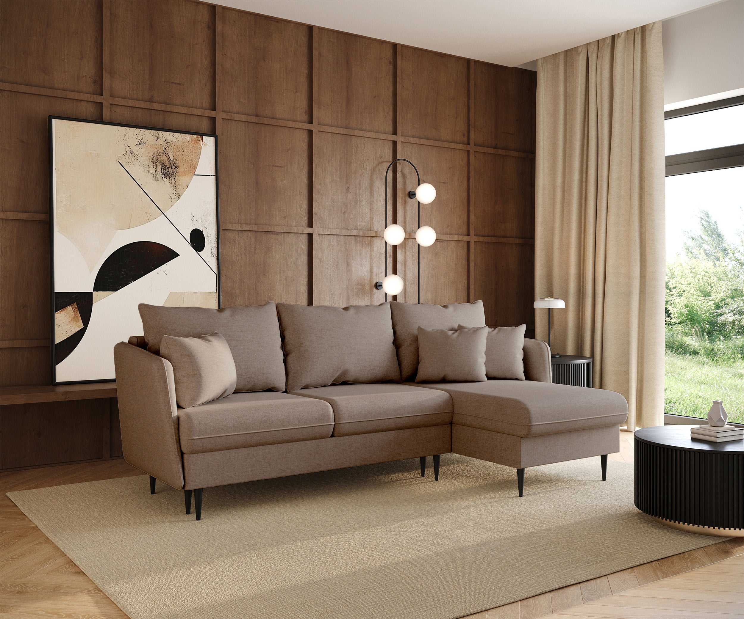 Ecksofa mit Schlaffunktion Volio, L-förmig, beige Chenille, schwarze Beine