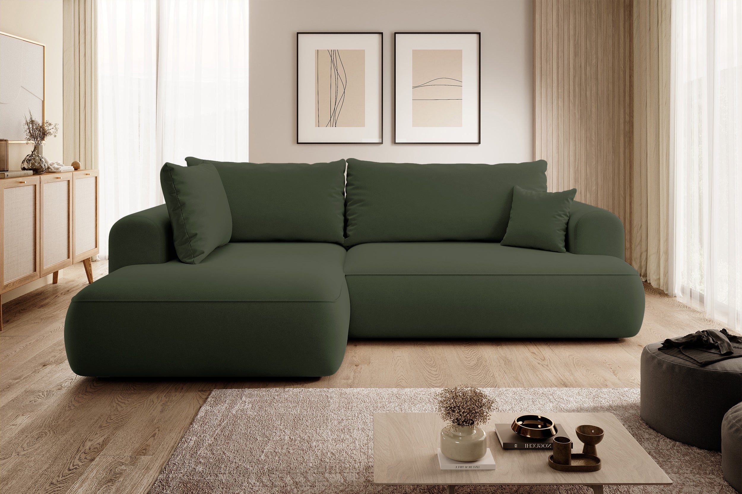 Ecksofa mit Schlaffunktion Ovo, L-förmig, mit Armlehne und Stauraum, olivgrüner, pflegeleichter Samt, linksseitig