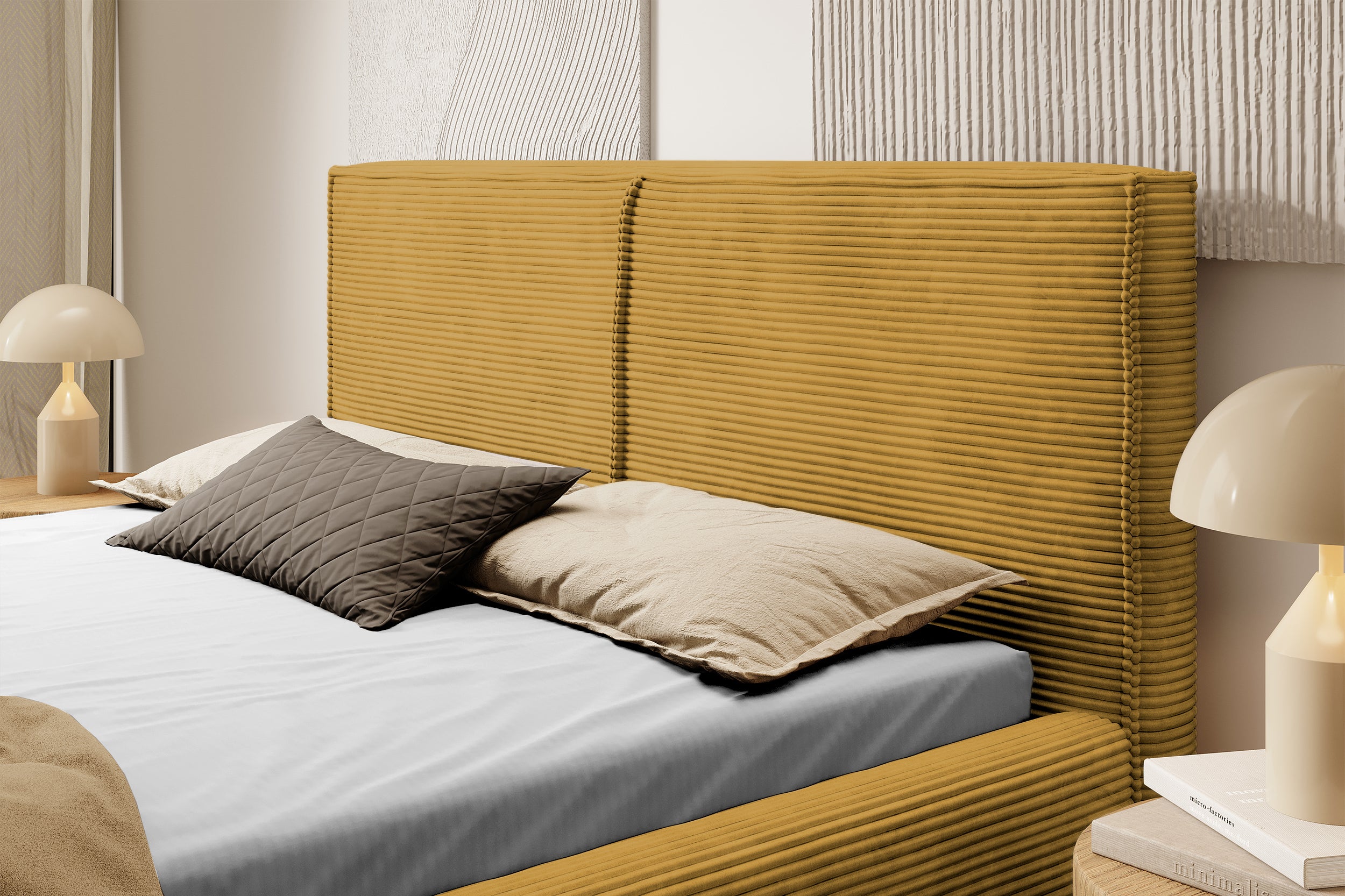 Gepolstertes Bett 140x200 cm Farese mit Stauraum und Gasdruckfeder, senfgelb aus Cordstoff