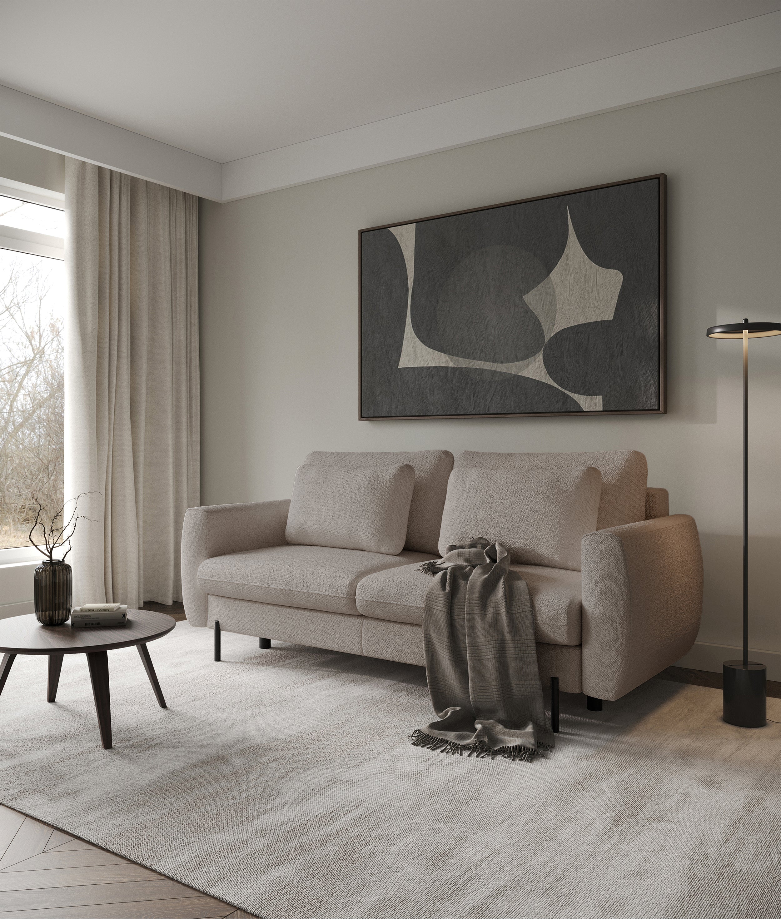 Dreisitziges ausklappbares Sofa Rane mit Stauraum, hellbrauner hydrophober Chenillestoff