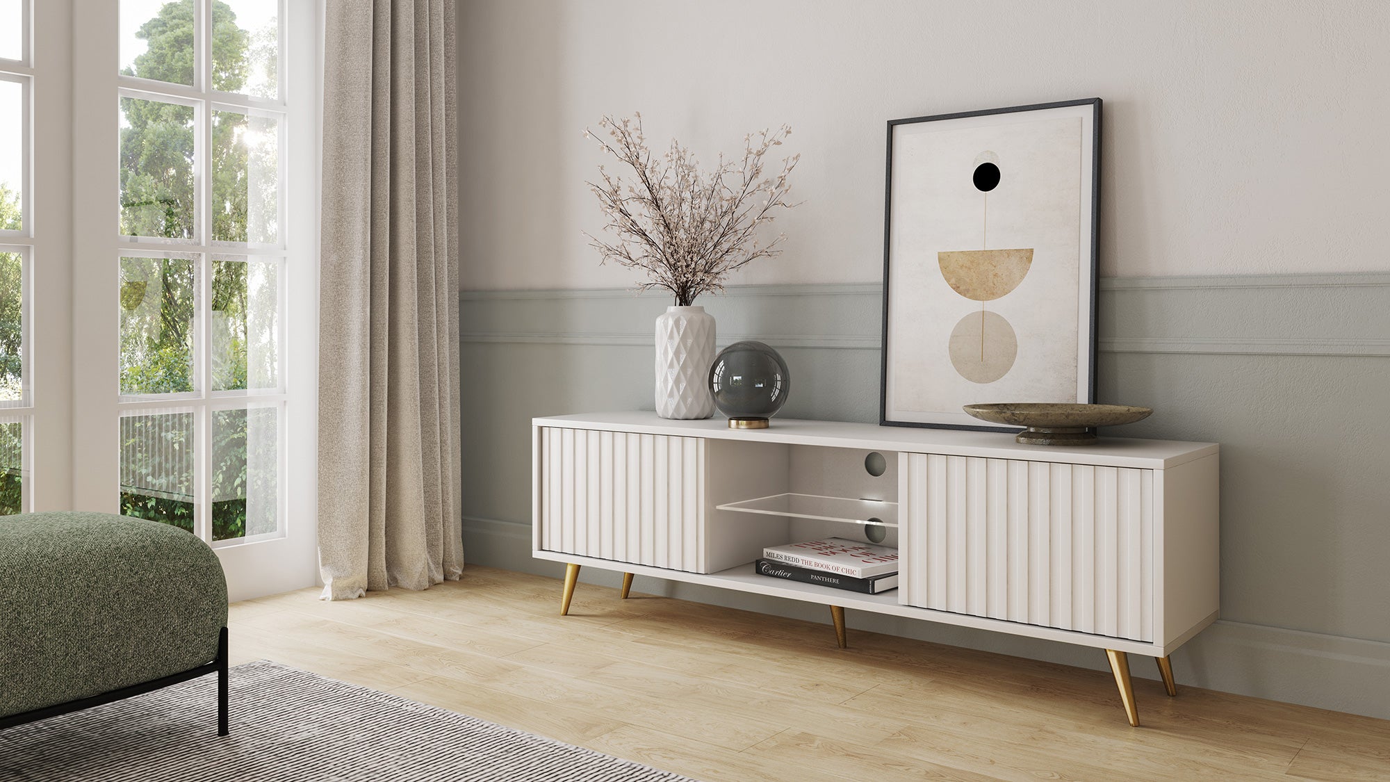 TV-Schrank Bello mit Lamellenfronten, 135 cm, weiß mit goldenen Beinen