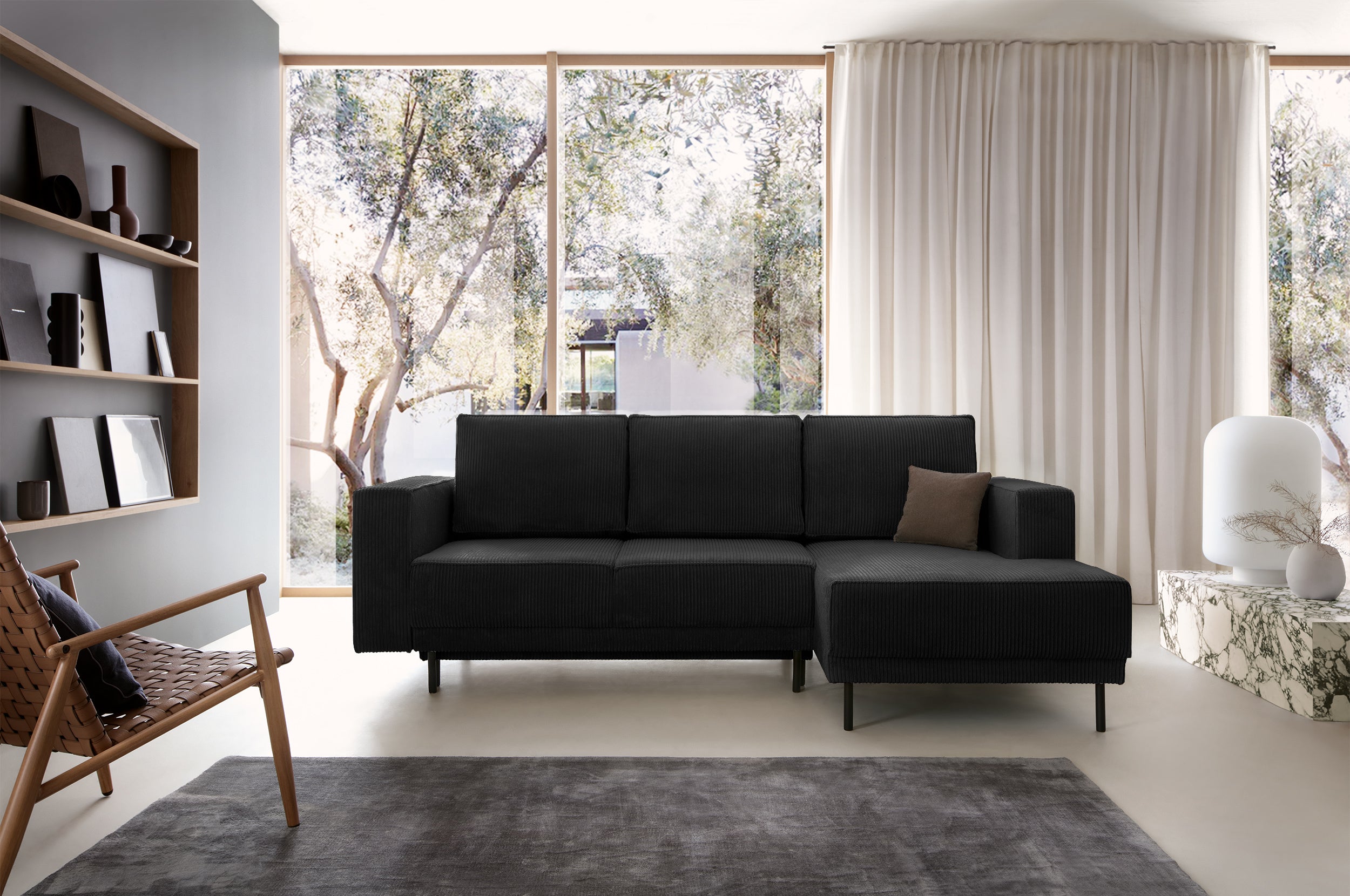 Ecksofa mit Schlaf funktion Rodario mini, L-förmig, mit Stauraum, schwarzer Cord, rechtsseitig