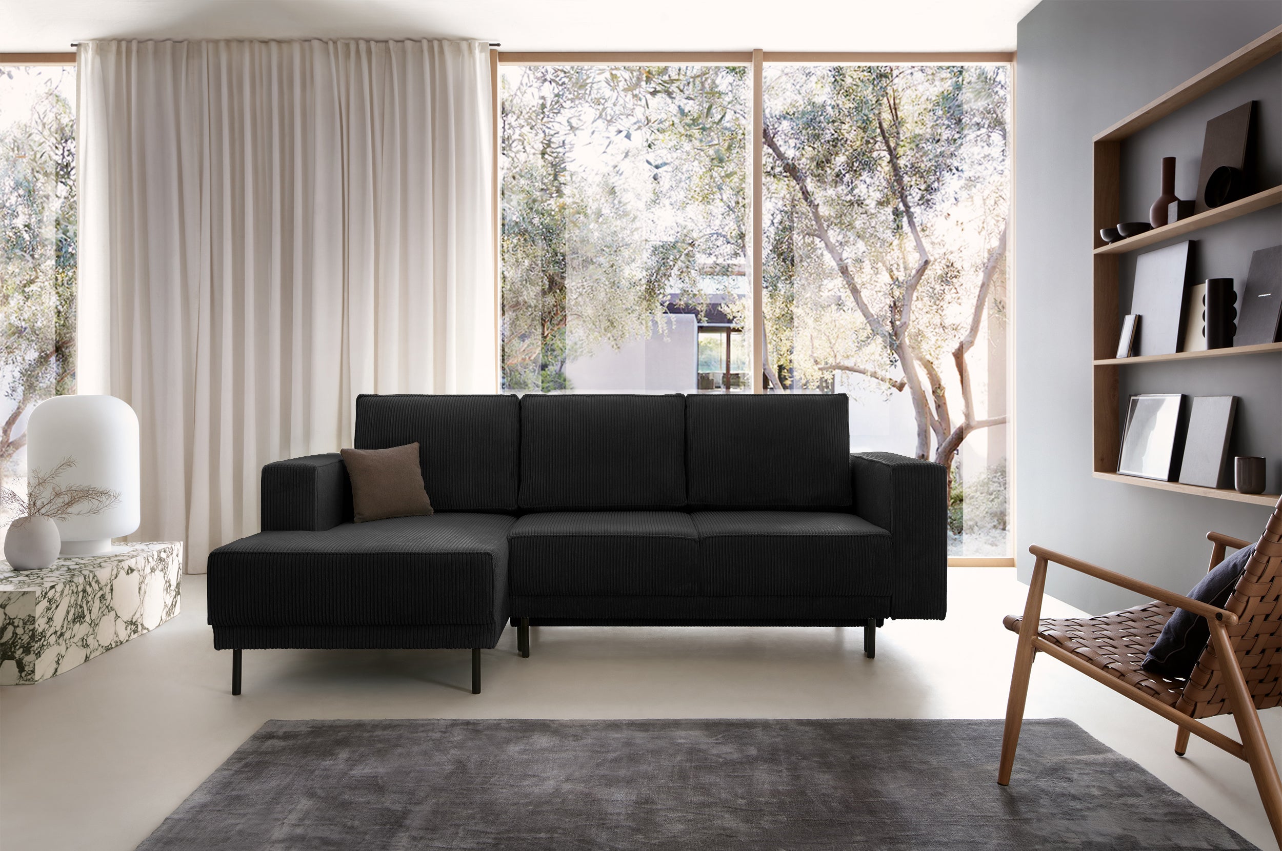 Ecksofa mit Schlaffunktion Rodario mini, L-förmig, mit Stauraum, schwarzer Cord, linksseitig